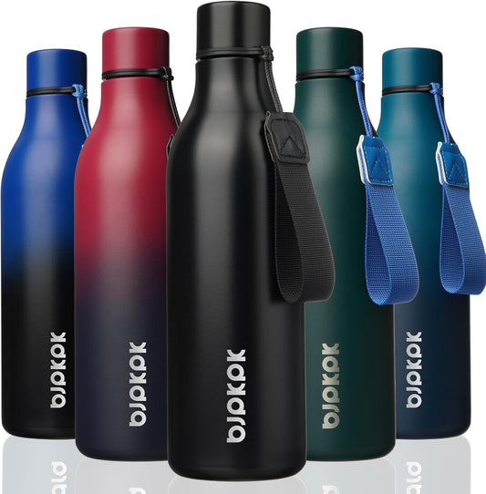 BJPKPK Insulated Water Bottles, 25 oz Stainless Steel Metal Water Bottle with Strap, BPA Free Leak Proof Thermos, Mugs, Flasks, Reusable Water Bottle for Sports & Travel, Black