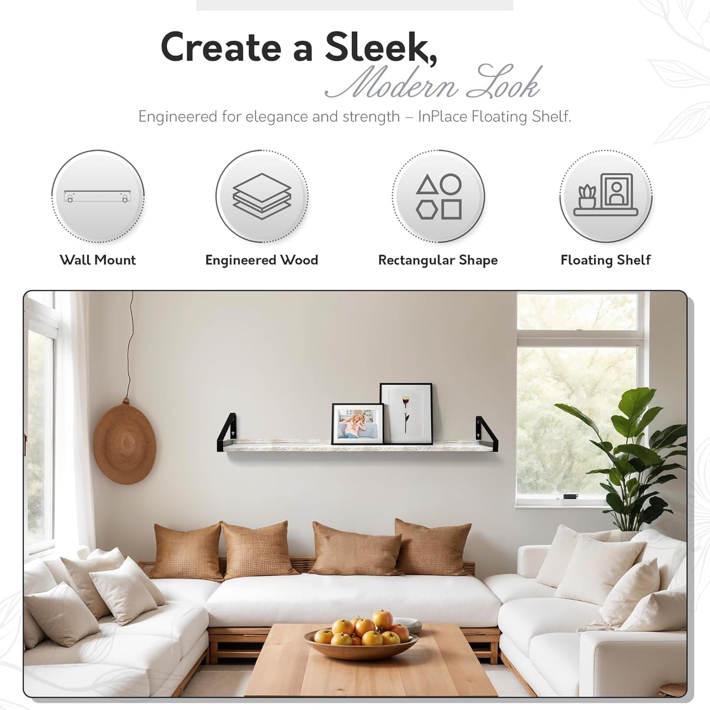 InPlace Shelving, Wall Mounted Real Solid Wood Rustic Bracket Ledge, 5" D x 60" W x 6.1"H, Distressed White, 9602101E