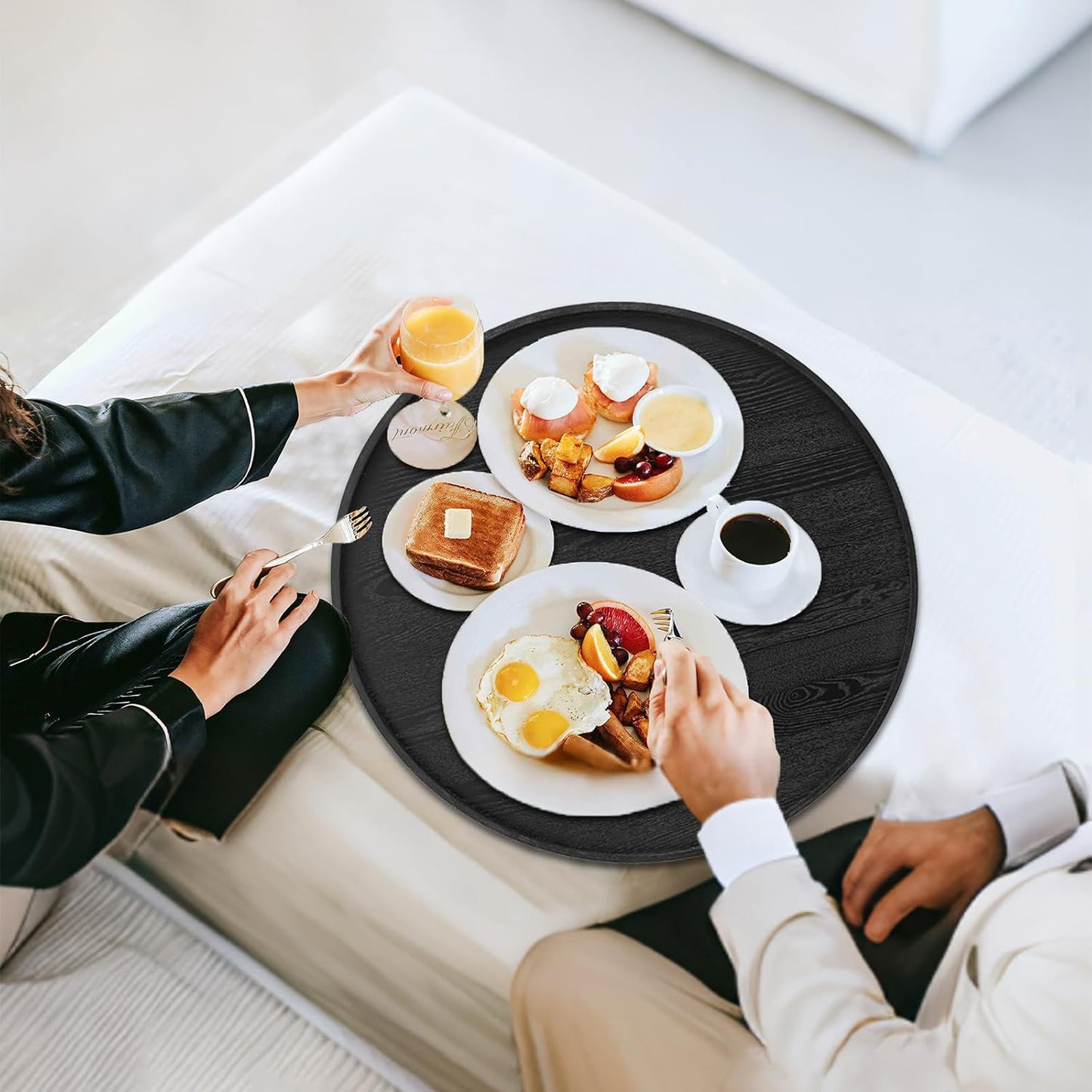 16 inch Round Solid Wood Serving Tray Extra Large Tea Coffee Snack Food Meals Serving Plate Non-Slip Kitchen Party Bar Server Ottoman Tray Breakfast Tray with Raised Edges Heavy Duty Edition Black