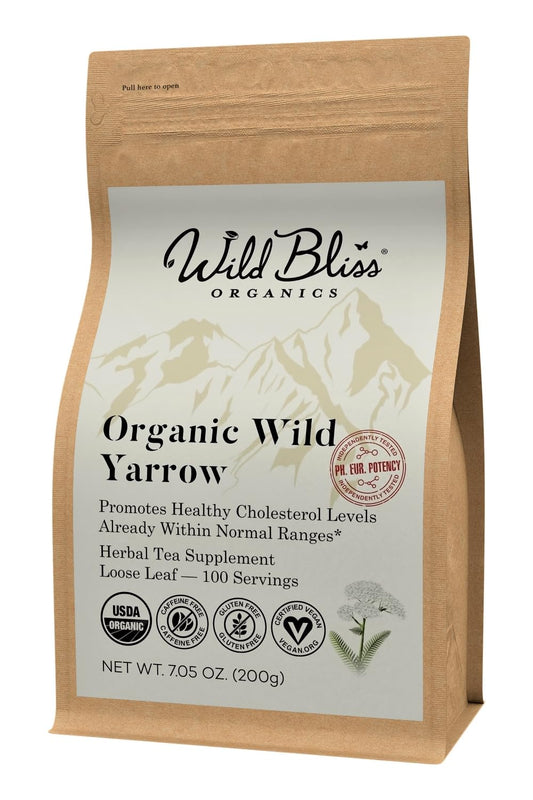Wild Bliss Organic Yarrow Flower Tea - Caffeine Free Loose Leaf Herbal Tea - Pharmacopoeia Potency - 7 Ounces - 100 Servings
