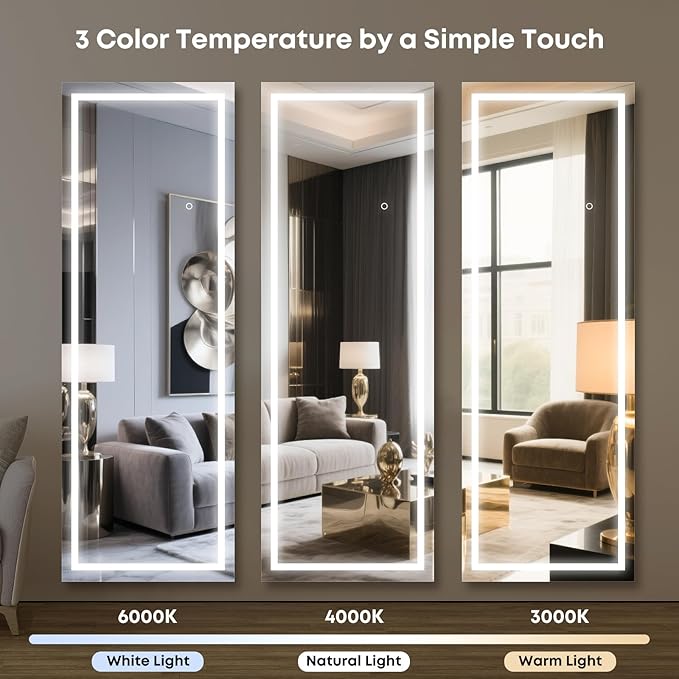 Kosmonia 65x24 Full Length Mirror, Dimmable 3 Color LED Light w/Light Memory - Image 4