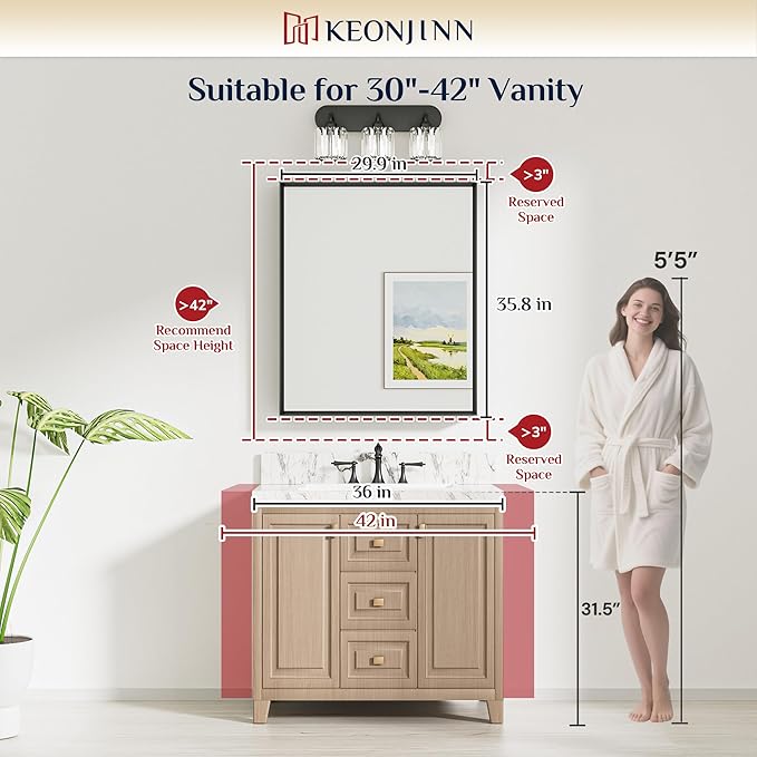 Keonjinn 30 x 36 Inch Black Bathroom Mirror, Beveled Rectangle Framed Mirror - Image 7