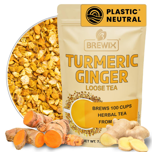 BREWIX, Turmeric Ginger Loose Herbal Tea (100+ Cups, 7.05oz/200g) Caffeine & Gluten Free | Ginger Root Tea | Savory & Spicy