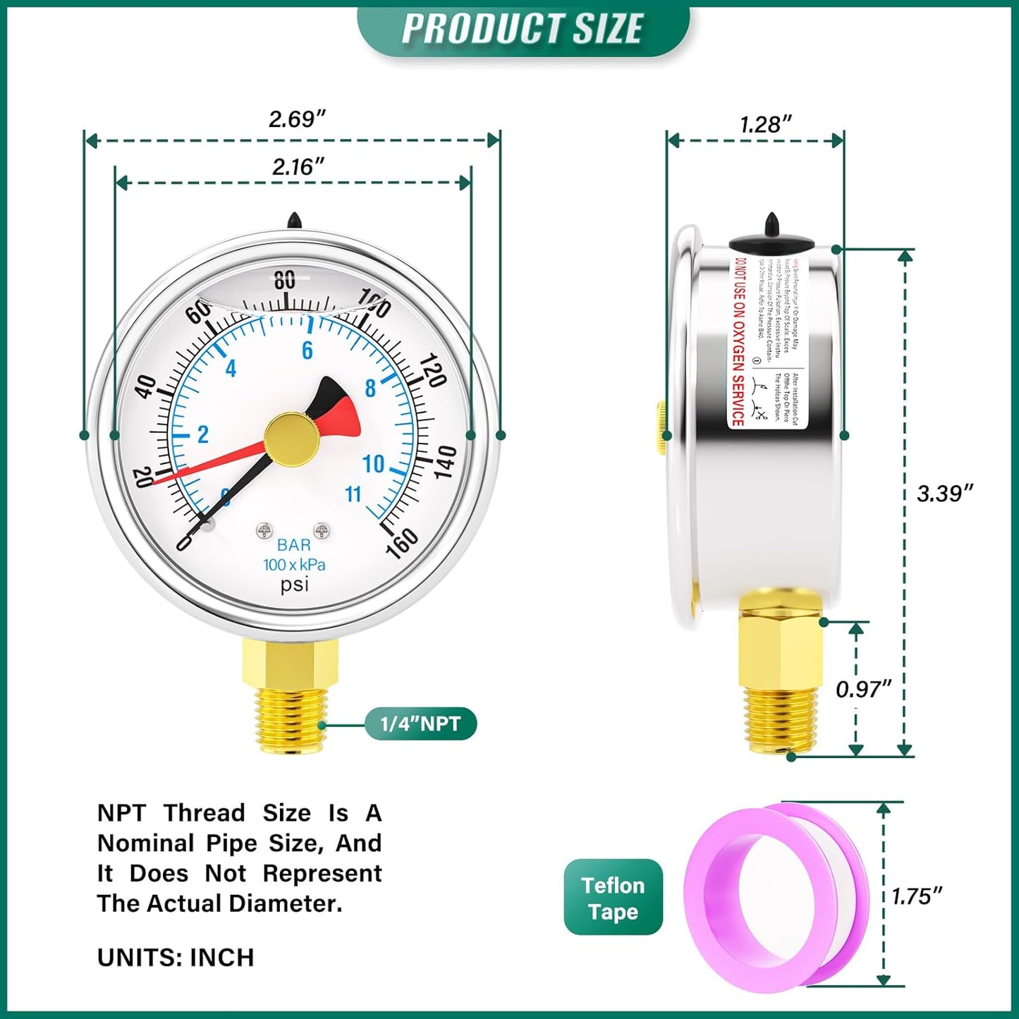 0-160PSI Stainless Steel with Reset Pointer Liquid Filled Pressure Gauge, 2.5" Dial Size, 1/4" NPT Lower Mount, for Tube, Water Pump, Gas, Liquid, Pressure Test
