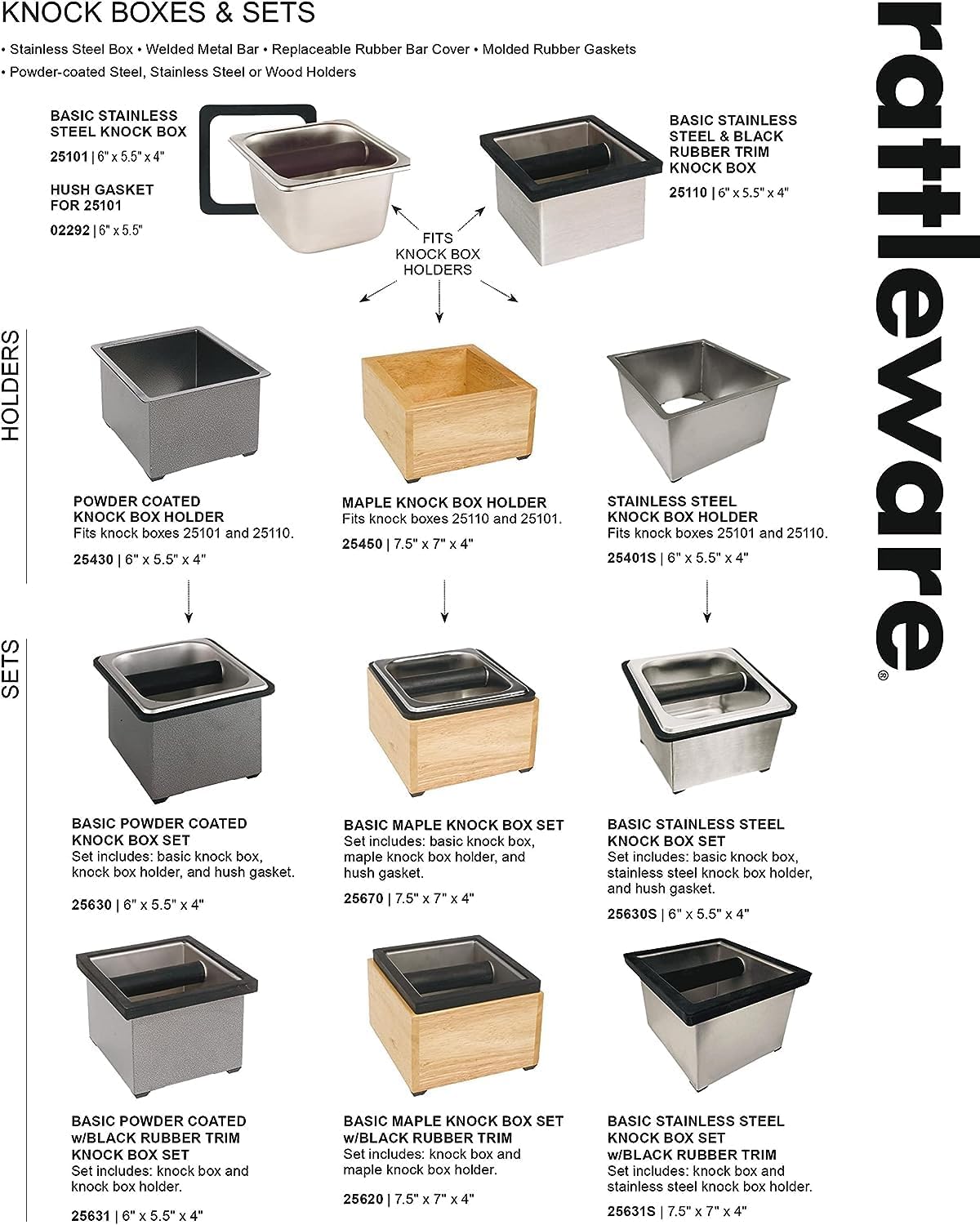 Rattleware Stainless Steel Open Bottom Knock Box Chute - Heavy Duty Espresso Grounds Disposal Tool with Welded Rubber Bar Fits Coffee Stations, Cafe, Restaurant, Hotel, Barista Home (6 x 5.5 x 4)