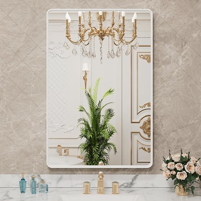 LOAAO 32x36 Inch White Metal Framed Bathroom Mirror - Image 8