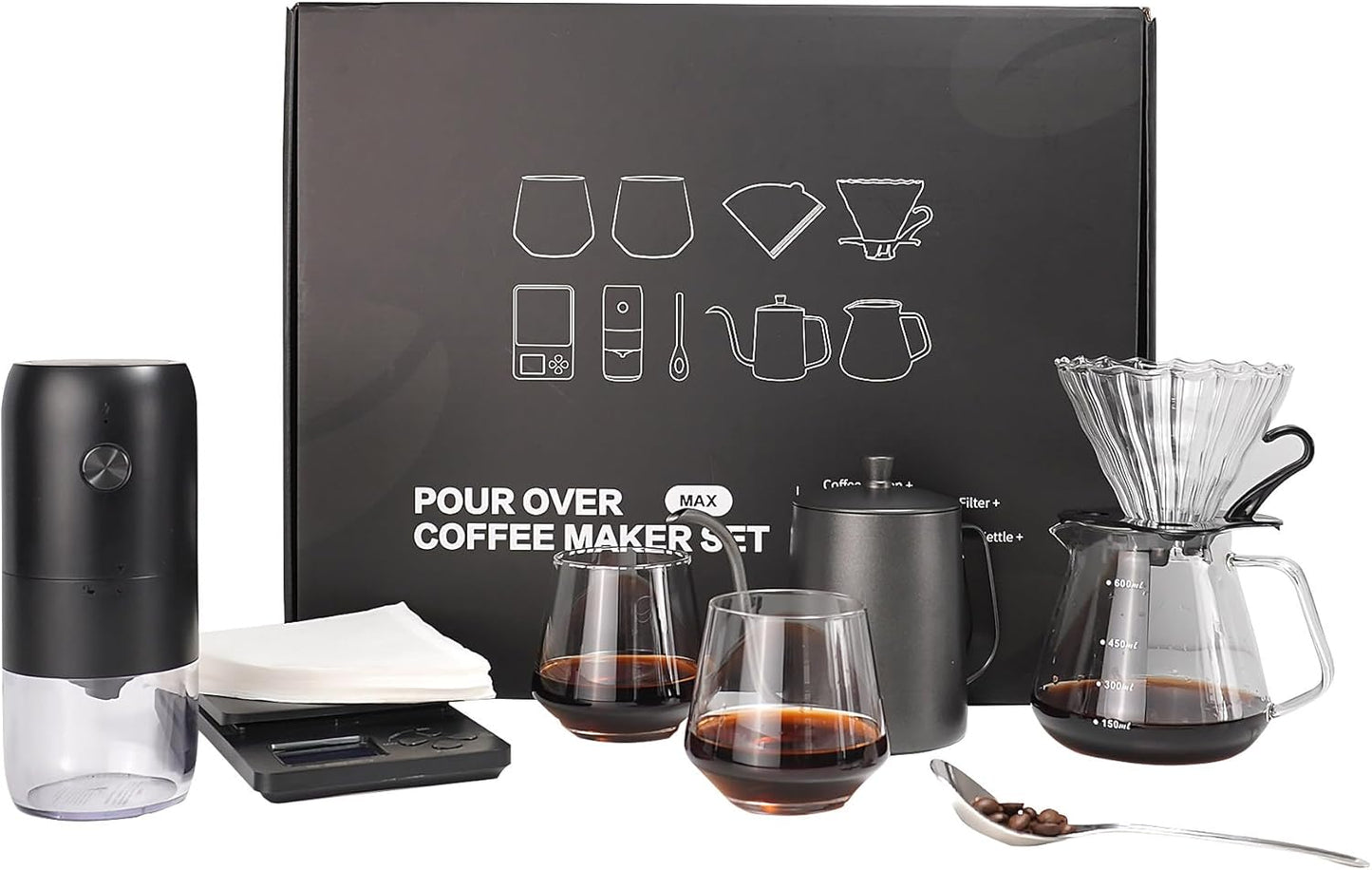 SuperCook Coffee Pour Over Kit Hand Drip with Kettle, Electric Grinder, Camping Travel Coffee Kit Ideal for Anniversary Birthday Gift