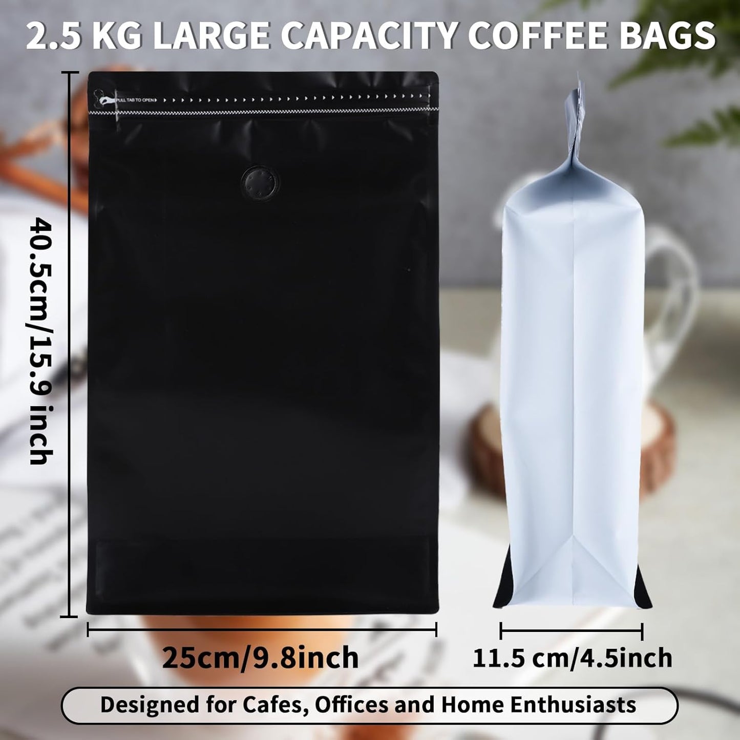 New 2.5 KG Large Capacity Coffee Bags with Valve (50 PCS) Black Sides White High Barrier Aluminum Foil Flat Bottom Standing Coffee Beans Storage Packaging Bags, Reusable Heat Seal Side Zipper Pouches