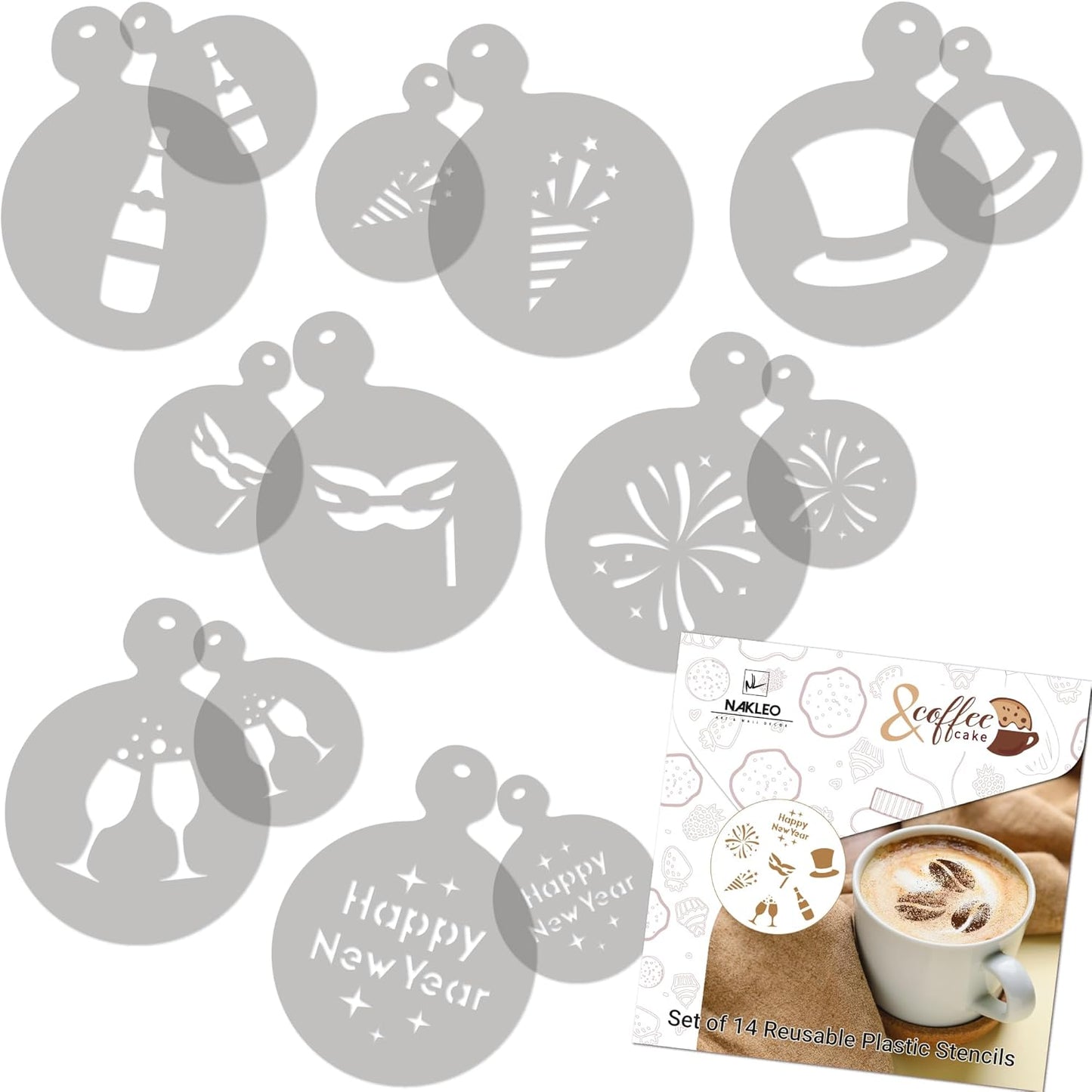 NAKLEO Coffee Cookies Decoration Reusable Plastic Baking Stencil - 7x7cm and 11x11cm / 2.8'x2.8' and 4.3'x4.3' - New Years Eve - Art Craft DIY Biscuit Pastry Cake Glaze Kitchen