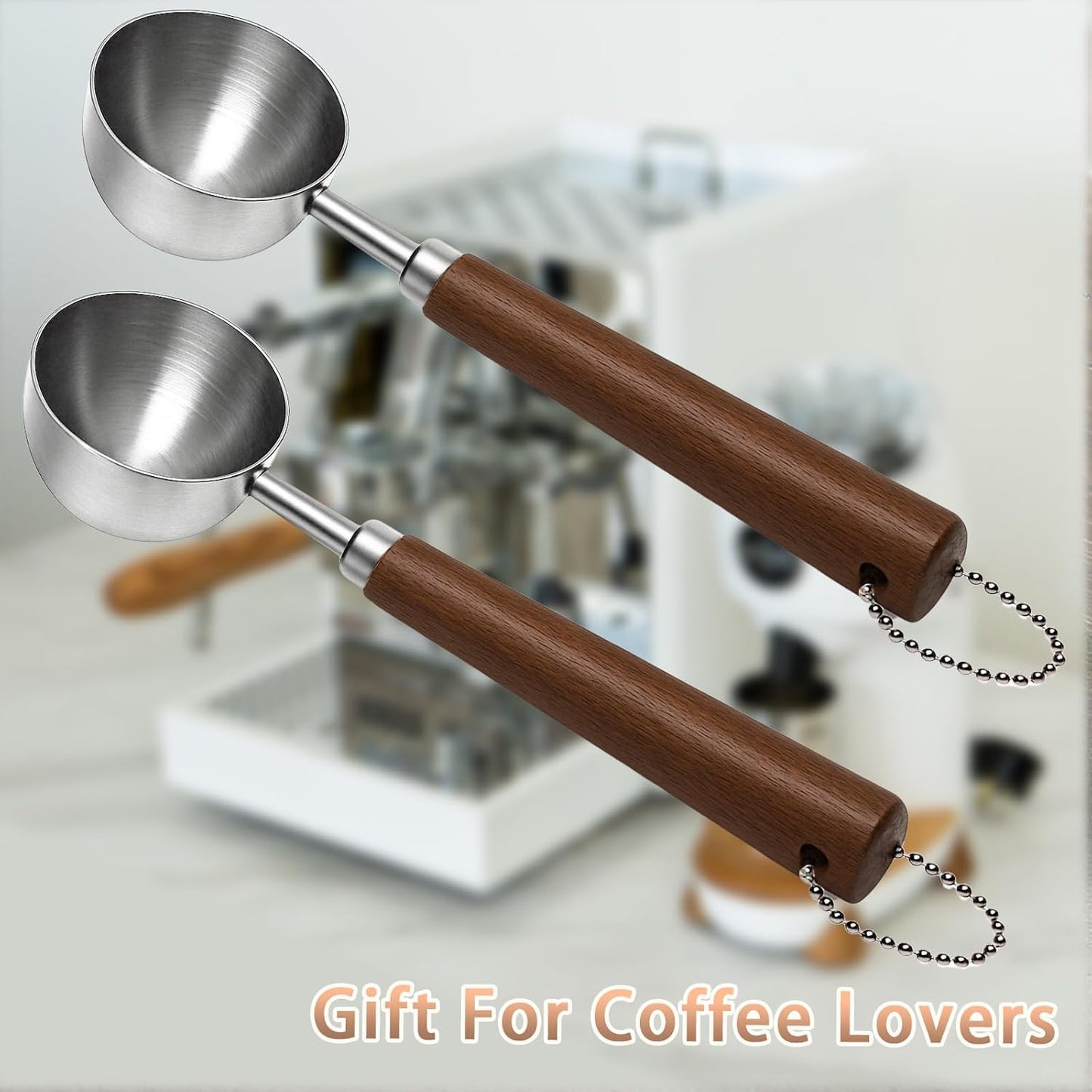 2PCS Vintage Coffee Measuring Spoon， 30ml/10g Capacity coffee scoop for ground coffee、Coffee Beans And Tea，304 Stainless Steel coffee spoons with long Wooden Handle（Silver)
