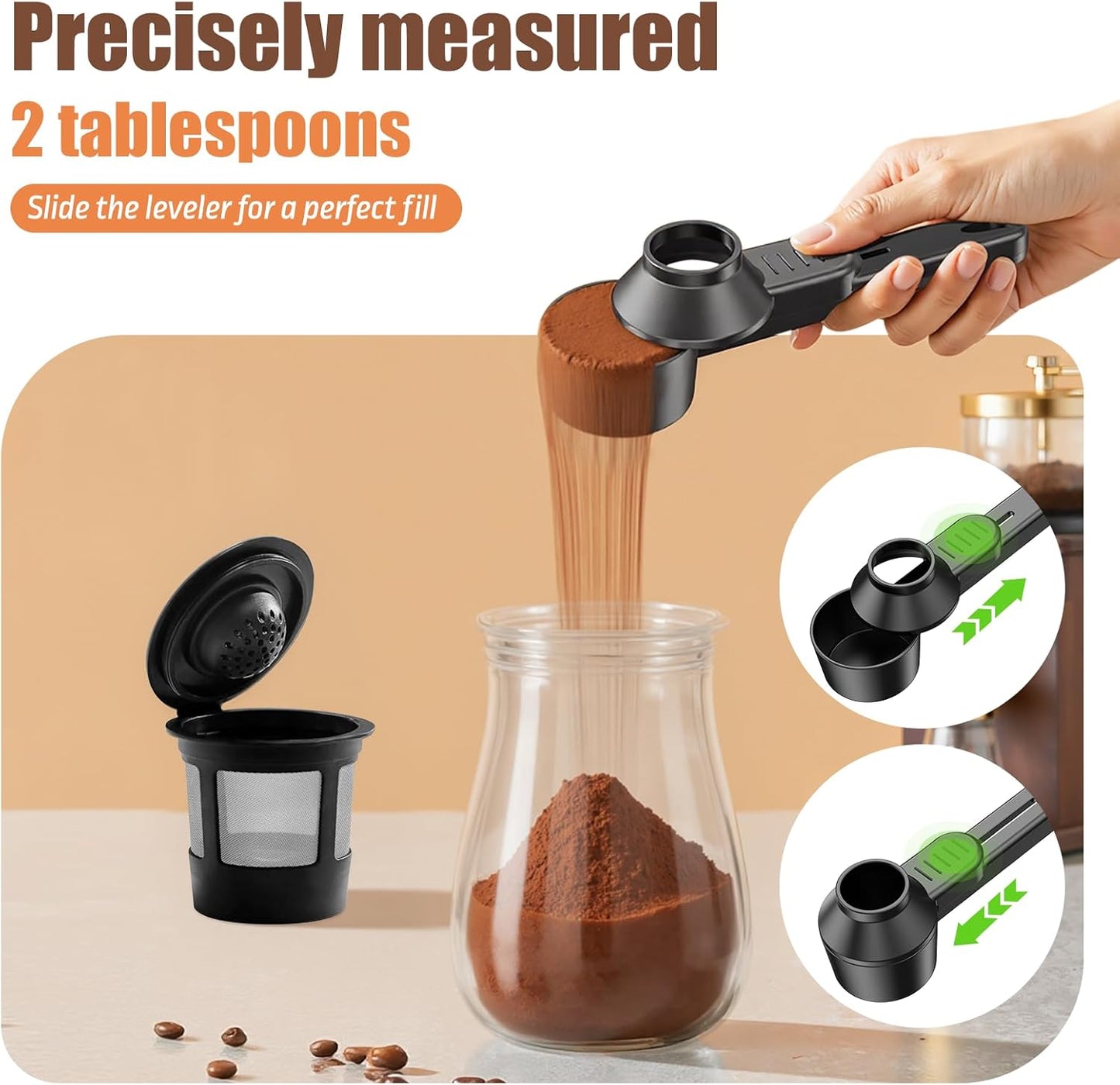 CAPMESSO Coffee Scoop & Funnel for Reusable K Cup Refillable Coffee Pods: 2 Tablespoon Coffee Measuring Scoop - Easy Slide Scoop for Ground Coffee, Protein Powder, Tea without Spilling (1 Pack)
