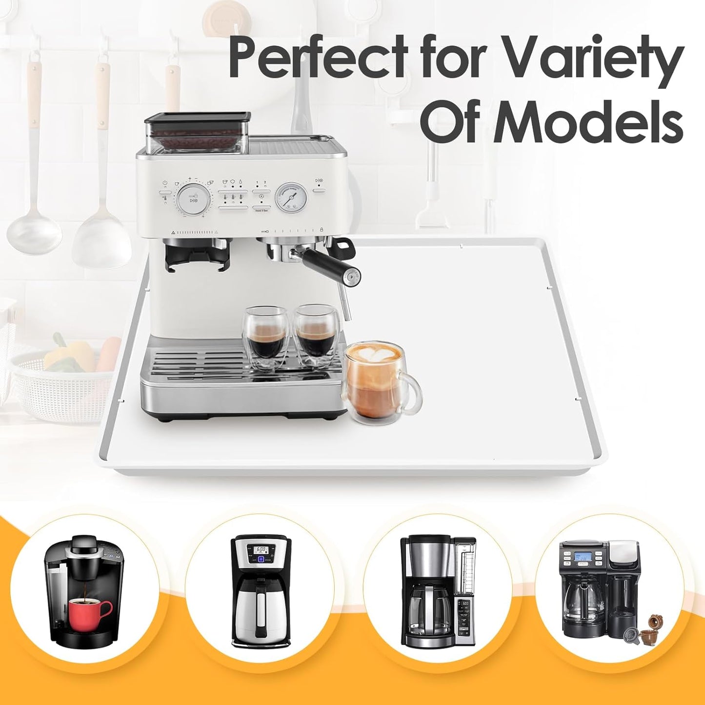 TOHONFOO Silicone Coffee Maker Mat with Lip, 19.7'' x 15'' Heavy Duty Coffee Maker Mat for Countertops, Coffee Tray Fit Under Coffee Machine Appliance Automatic Machines Espresso Accessory, White