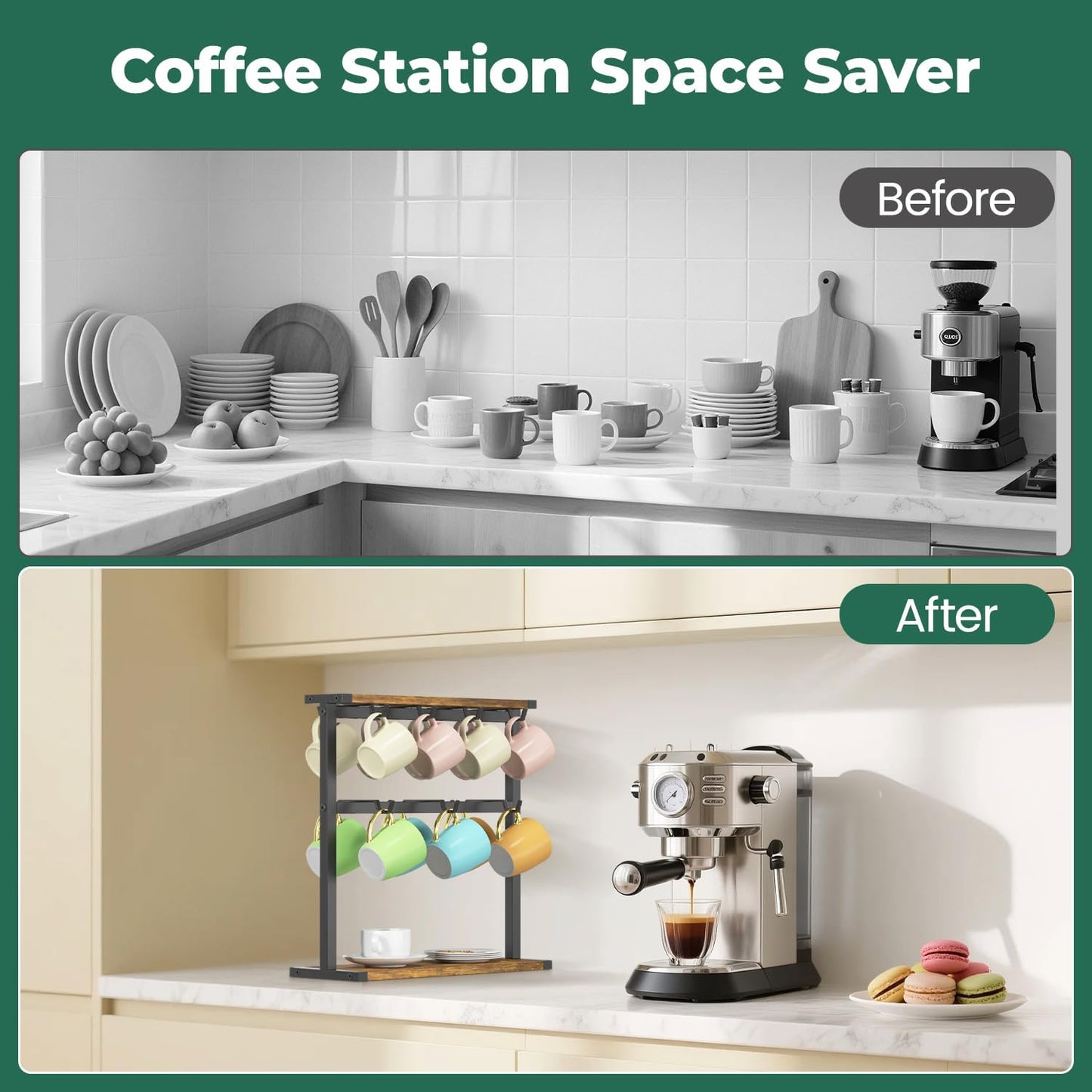 EsLuker.ly Coffee Mug Holder Cup Tree Rack for Countertop, 2 Tier Rustic Wood Coffee Bar Station Organizer Narrow Display Stand for Kitchen Office, Hold 14 Mugs with Sturdy Base, Free Up Counter Space