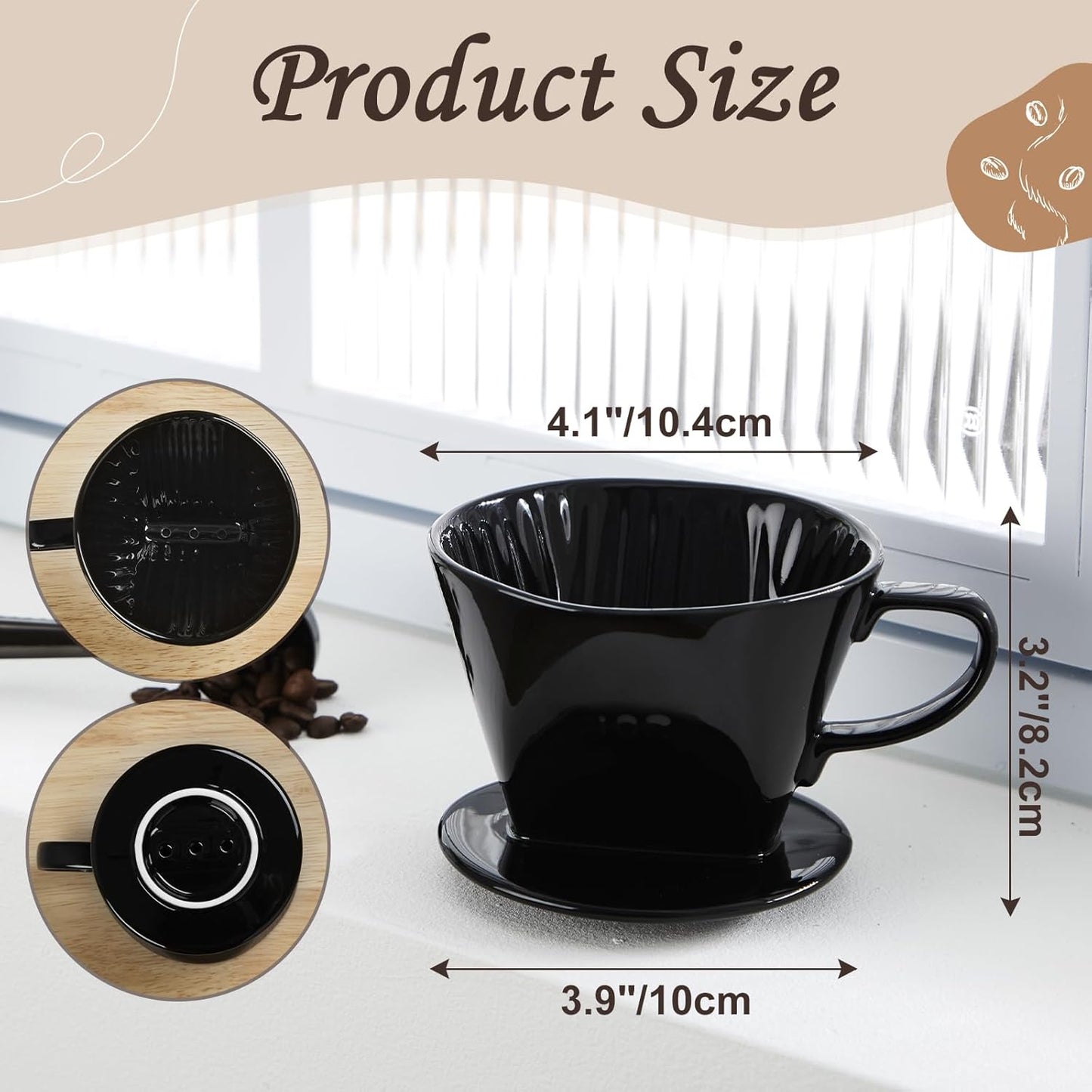 Pour Over Coffee Dripper, Ceramic Pour Over Coffee Maker with 3 Holes Flat Bottom, Easy Manual Slow Brewing, Porcelain Slow Filter Cone for Home, Office, Gift, Size 2, Black