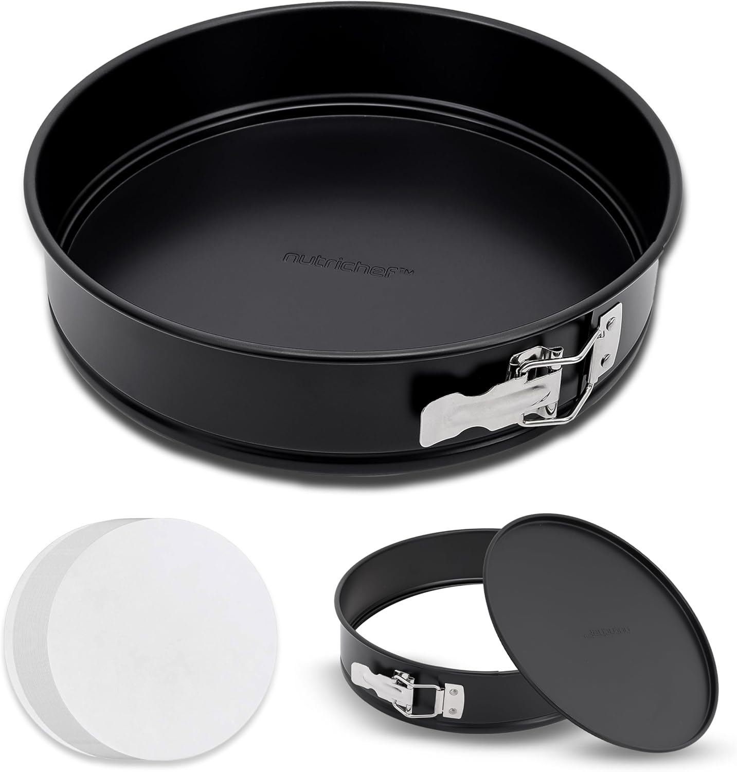 NutriChef 9 Inch Nonstick Cheesecake Springform Cake Pan | Stainless Steel Clasp & Removable Bottom | Durable Stainless Steel Cheesecake Pan | Easy to Clean | Includes 100 Parchment Papers | Black