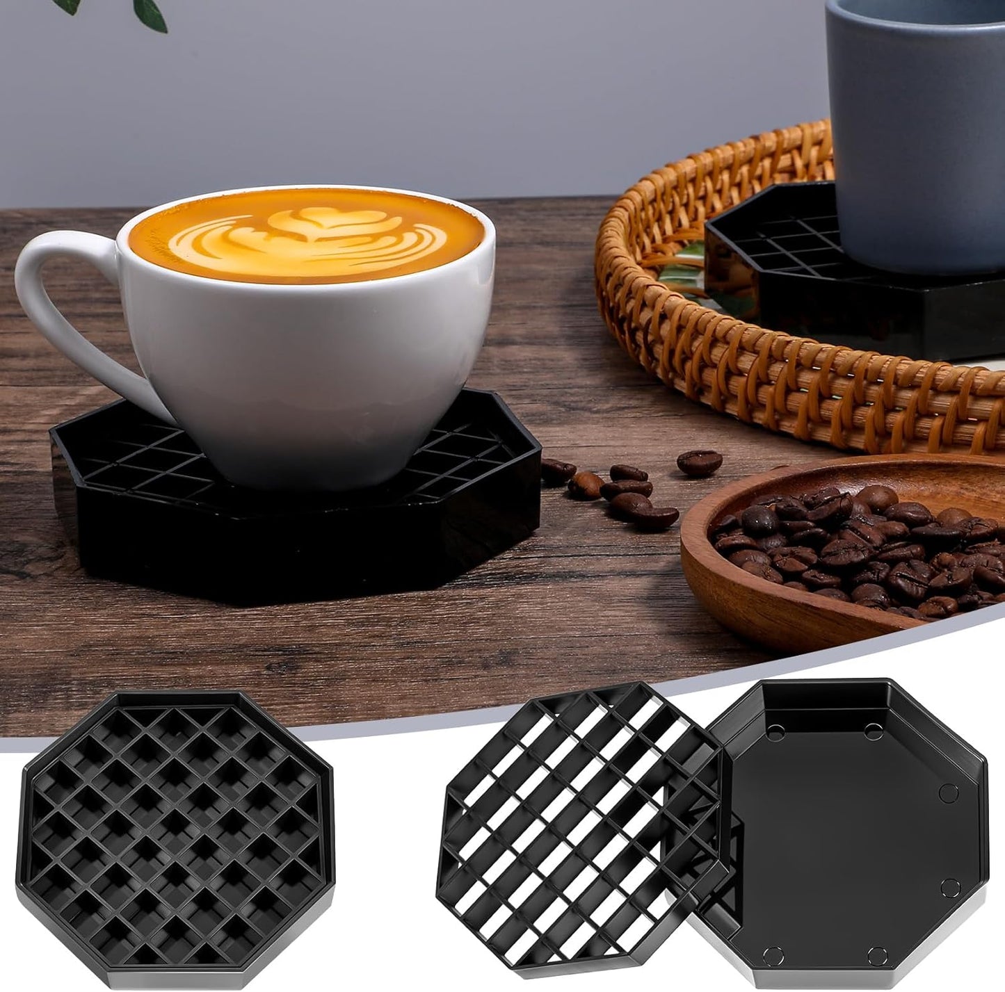 6 Pcs 4 Inch Black Plastic Octagon Coffee Drip Trays with Honeycomb Grid for Coffee, Tea, Wine