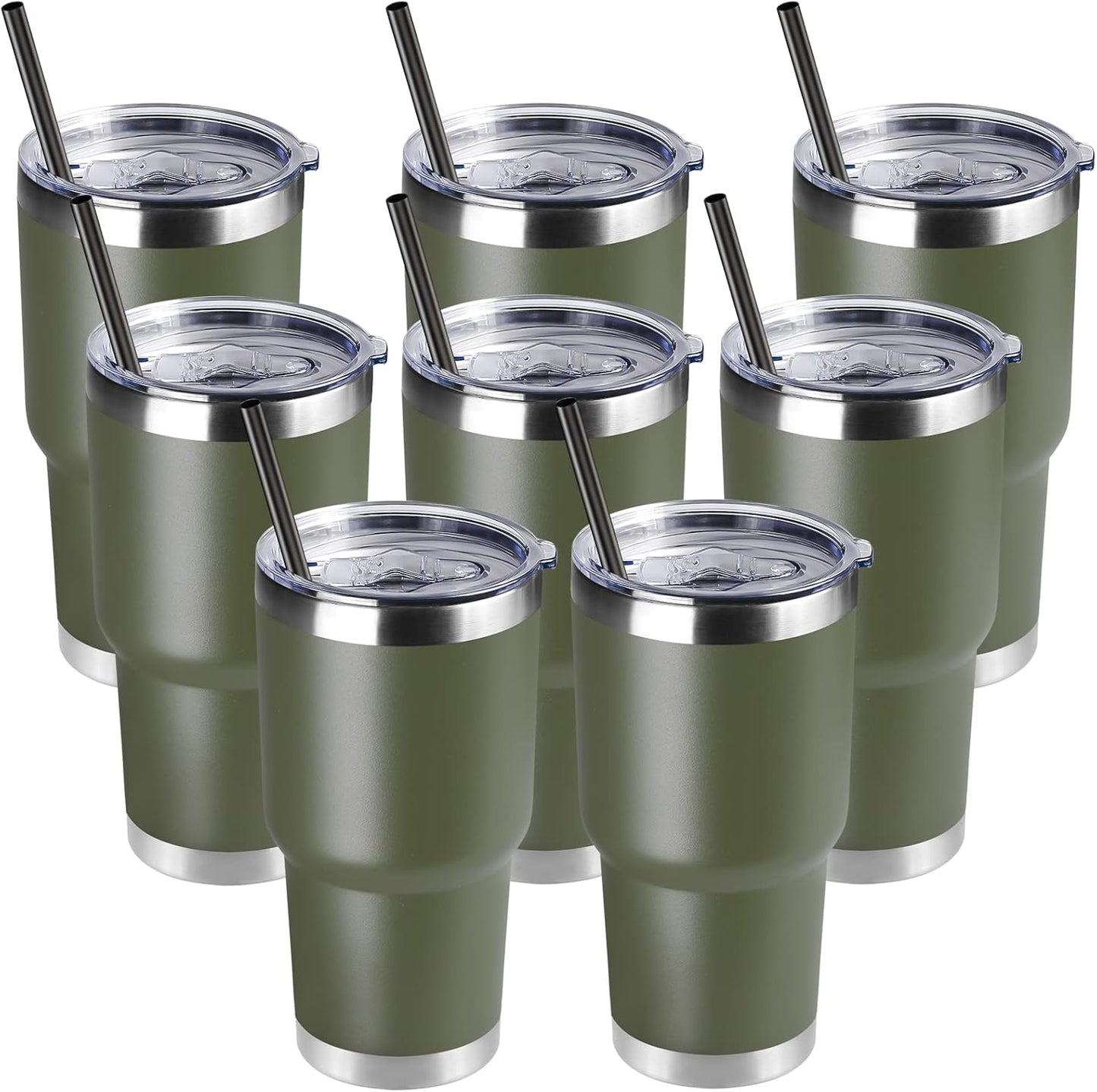 DOMICARE 30 oz Tumbler with Lid and Straw, Stainless Steel Tumblers Bulk, Insulated Vacuum Double Wall Travel Coffee Mug, Durable Powder Coated Tumbler Cups (Army Green, 8)