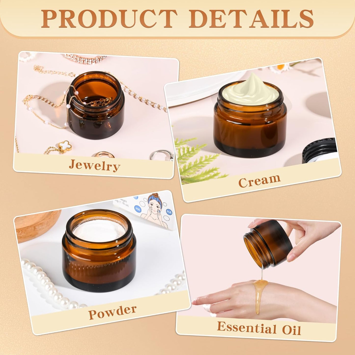 Glass Jars with Lids,Eco-Friendly Cosmetic Containers with Airtight Black Lids & Liners, Multi-Color Options for Cream, Lotion, Body Butter, DIY Skincare Travel Jars (Amber, 2oz)