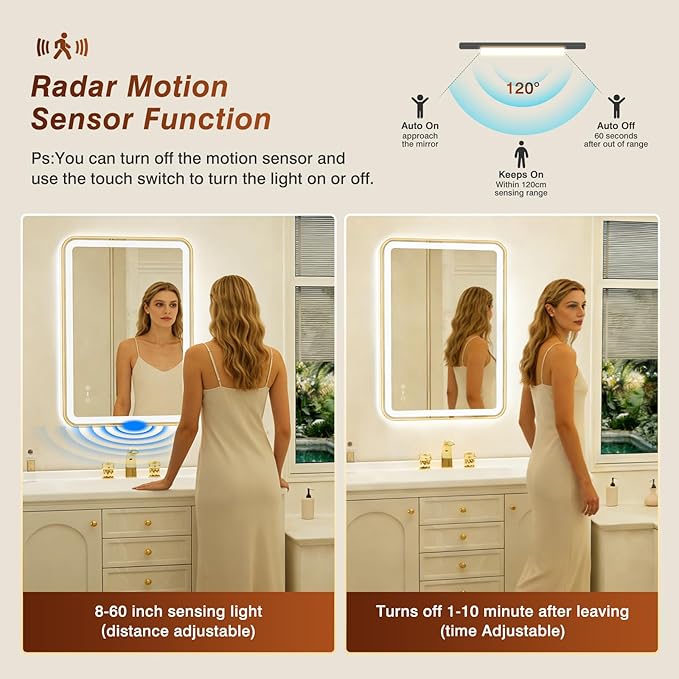 32x40 Inch Gold Framed LED Bathroom Mirror - Image 4