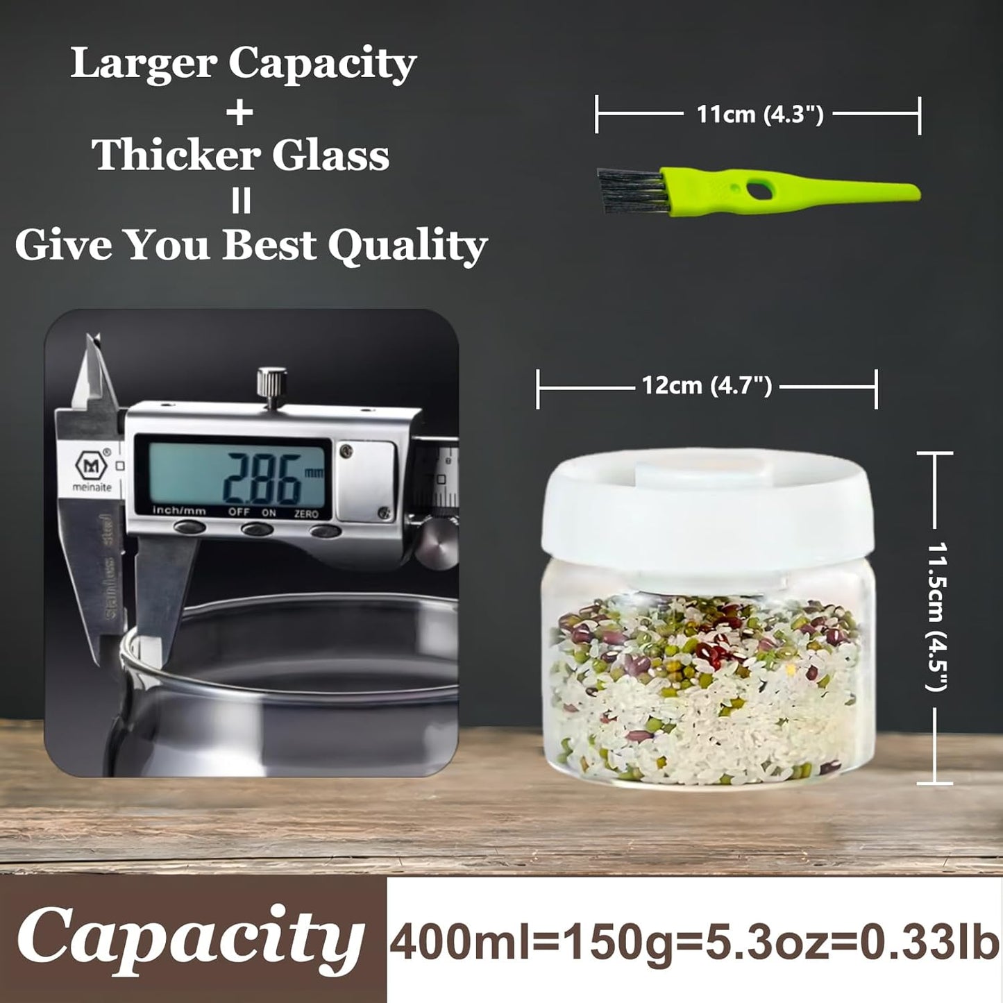 Vacuum Glass Jar with Airtight Lid,13.5floz/400ml Borosilicate Glass Coffee Canister Container,Perfect for Coffee Beans & Grounds,Loose Leaf Tea,Candy,Sugar,Nuts,Spices