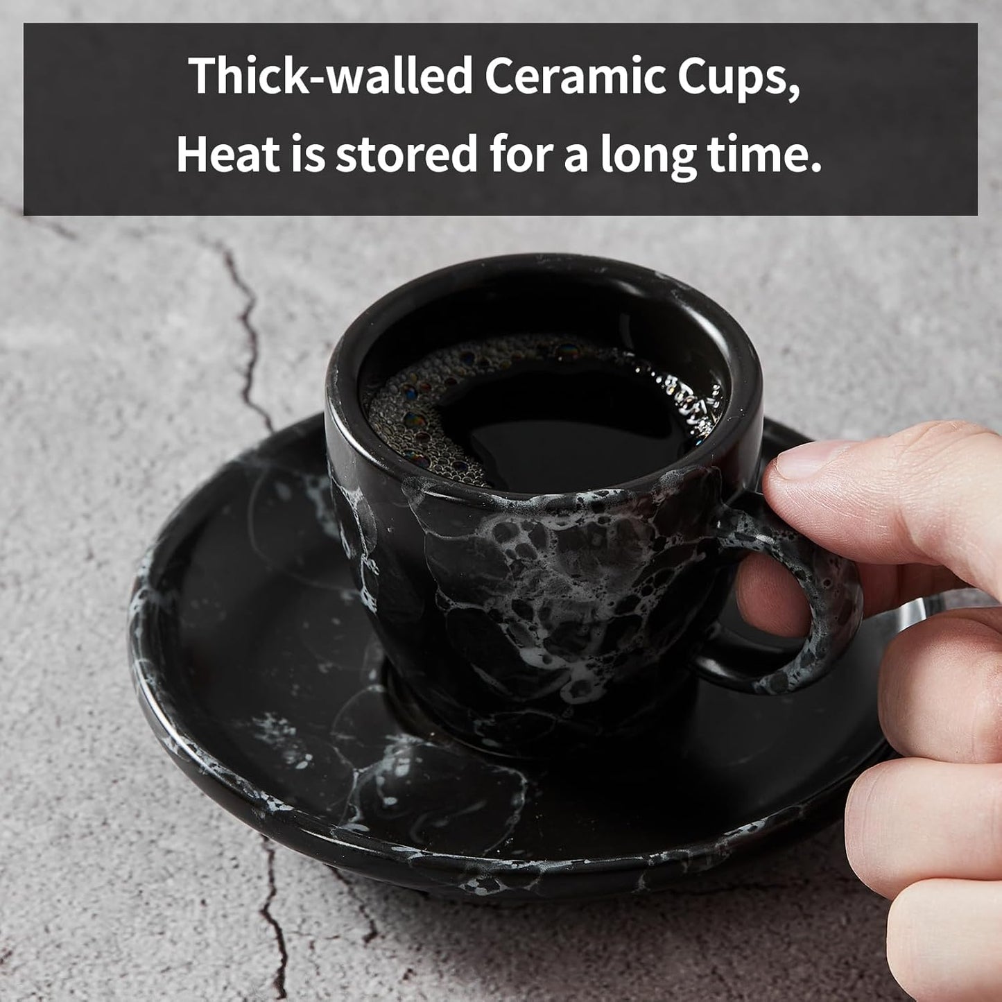 SIDUCAL Espresso Cups Set of 6,2 Ounce Ceramic Coffee Cups with Saucers,Porcelain Double Espresso Shot Cup Set,Gift Box for Boyfriend Gift(Black)