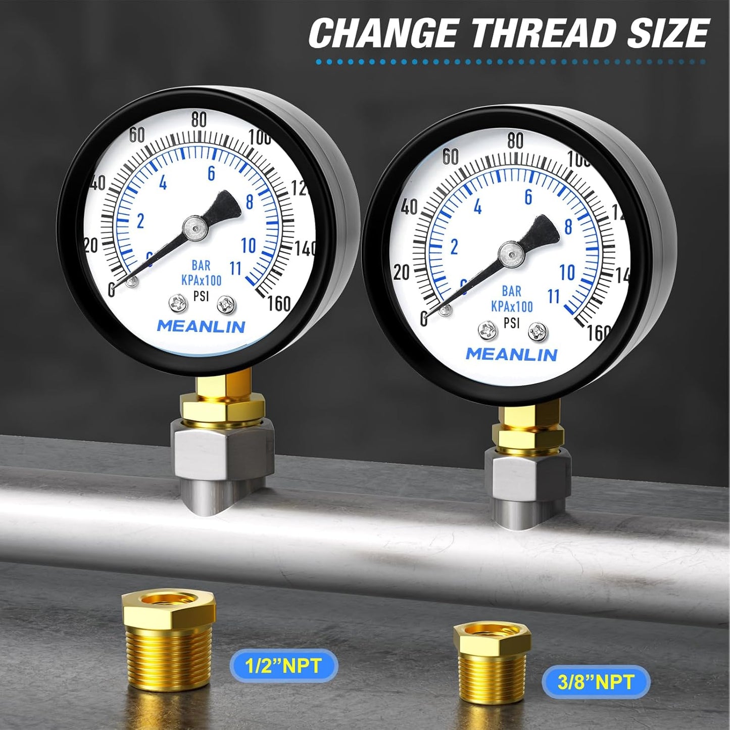 MEANLIN MEASURE 0-160Psi 2" DIAL FACE 1/4" NPT Well Pump Pressure Gauge, with 1/2" NPT and 3/8" NPT Hex Bushing, 3-2-3% Accuracy, Lower Mount
