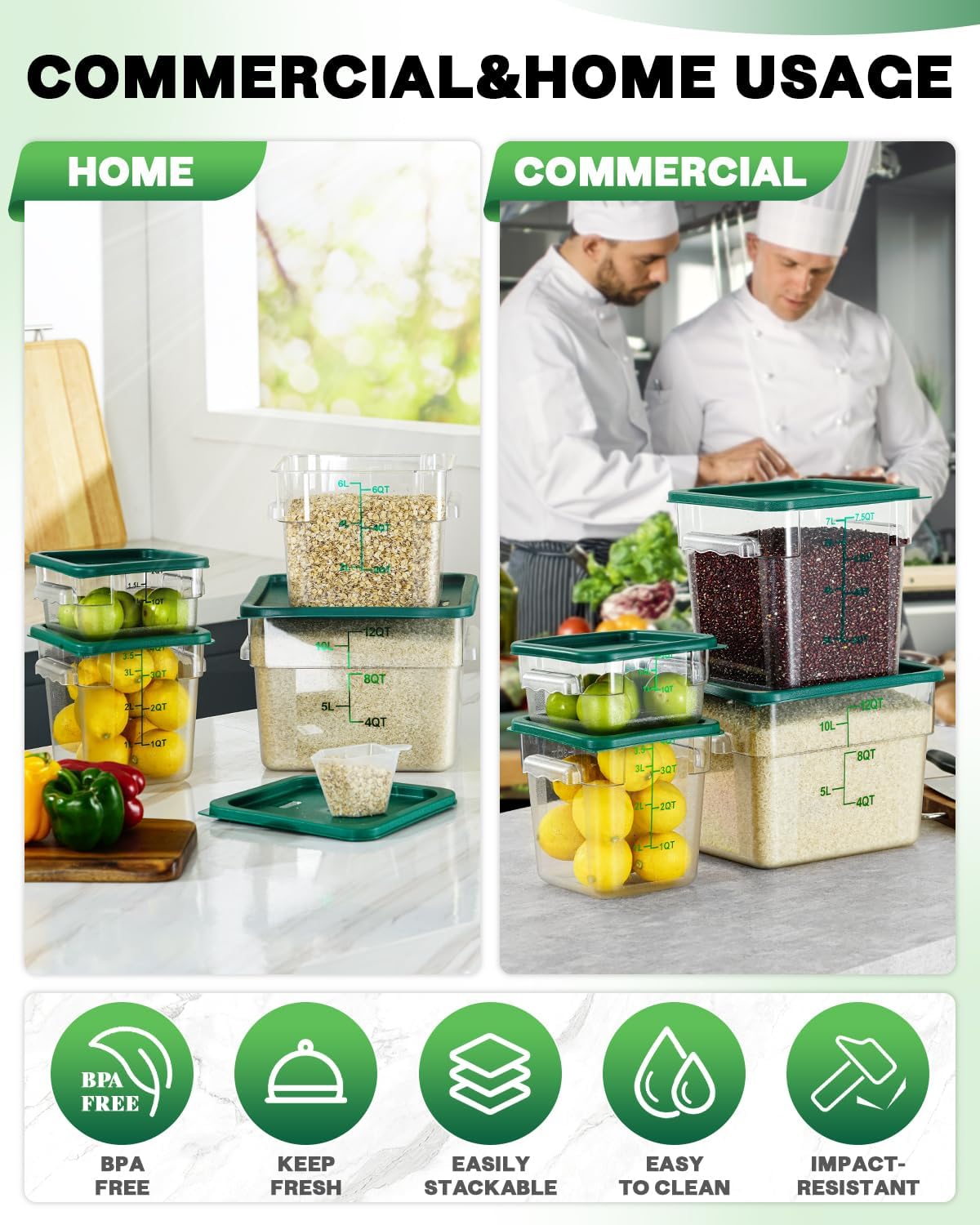 2QT&4QT NSF Food Storage Containers with Lids: 4 PCS [Total Food Grade][Hot&Cold Resistant] Commercial Clear Food Storage Containers for Restaurant Kitchen Proof Dough Green