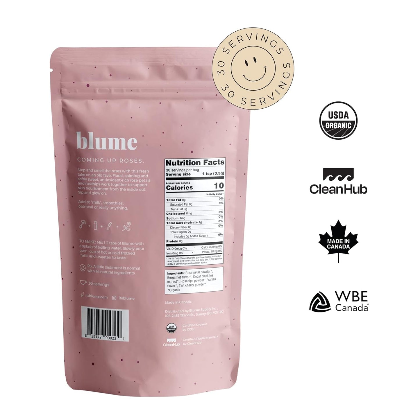 Blume Organic Rose London Fog Earl Grey Tea | Decaf Black Tea, Rose Petal Powder, Vanilla, Tart Cherry, and Bergamot | Plant Based Superfood Latte | Vegan Gluten Free Drink | 25 Servings