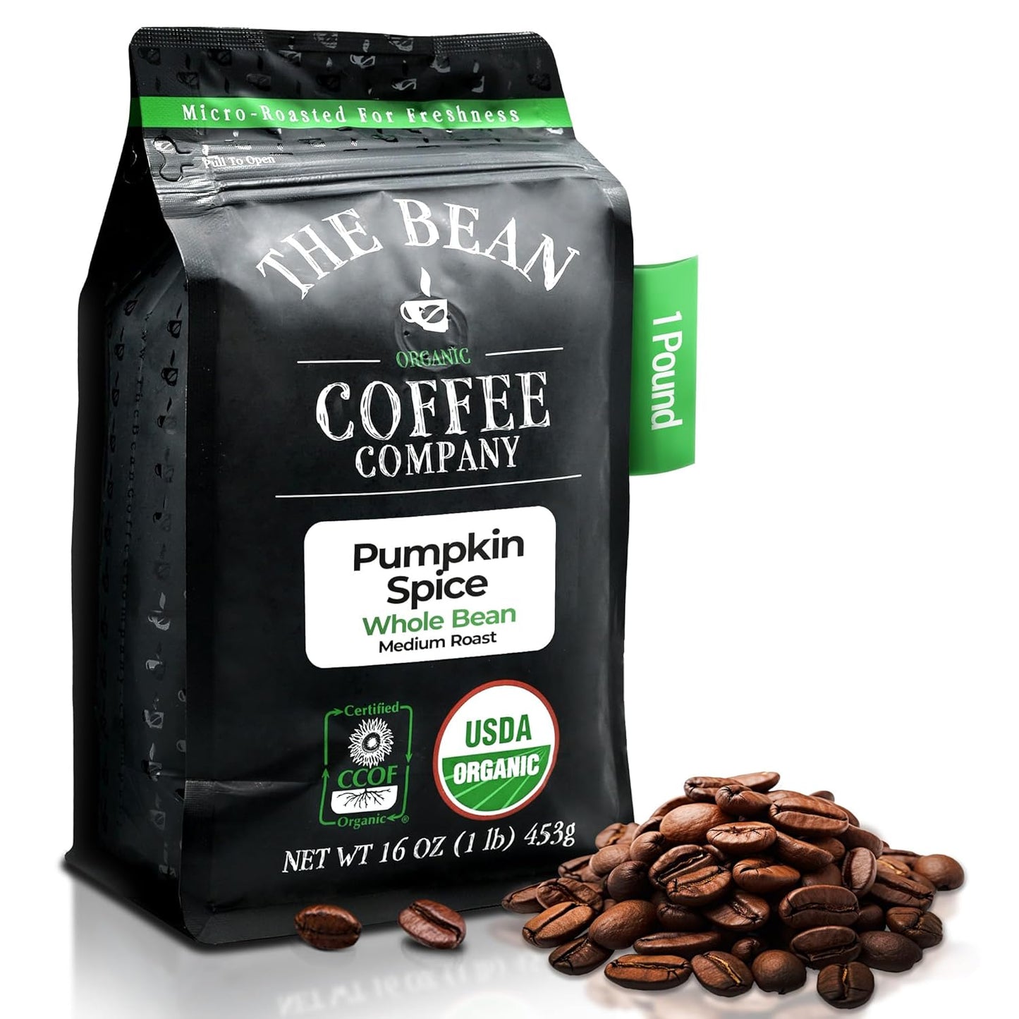 The Bean Organic Coffee Company Pumpkin Spice, Medium Roast, Whole Bean Coffee, 16-Ounce Bag