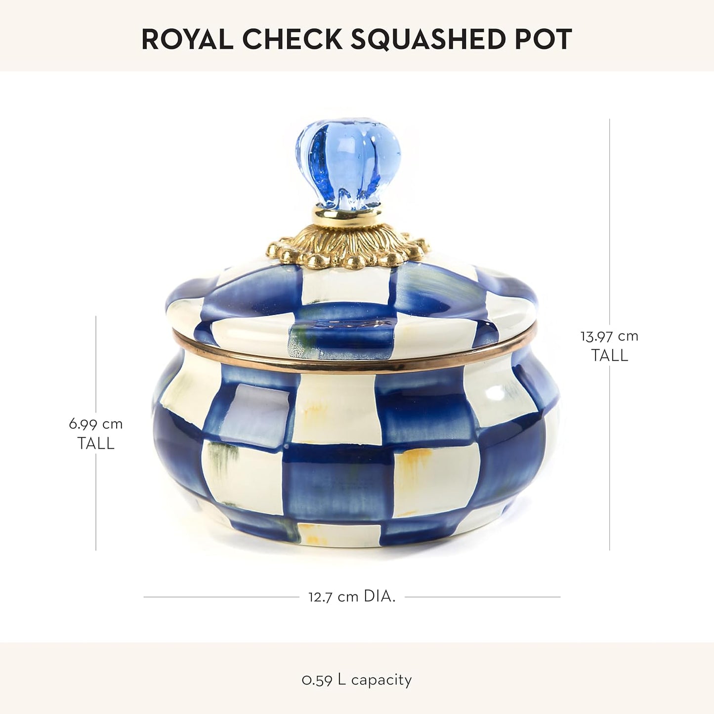 MACKENZIE-CHILDS Enamel Squashed Pot, Cute Enameled Container with Lid, 20 Ounces, Blue-and-White Royal Check