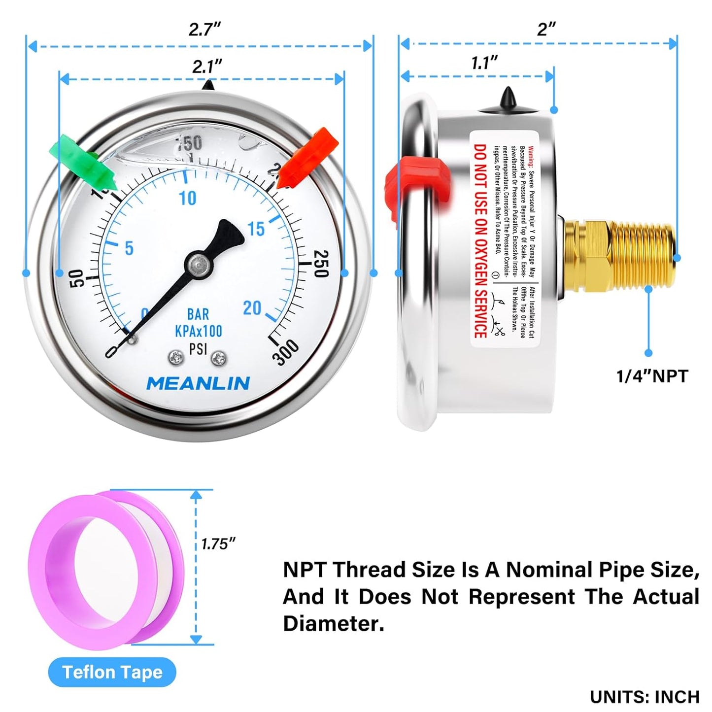 MEANLIN MEASURE 0~300Psi Liquid Filled Pressure Gauge 1/4" NPT 2.5" FACE DIAL Stainless Steel Glycerin Filled WOG Water Oil Air Back Mount (with 2PCS Snaps)