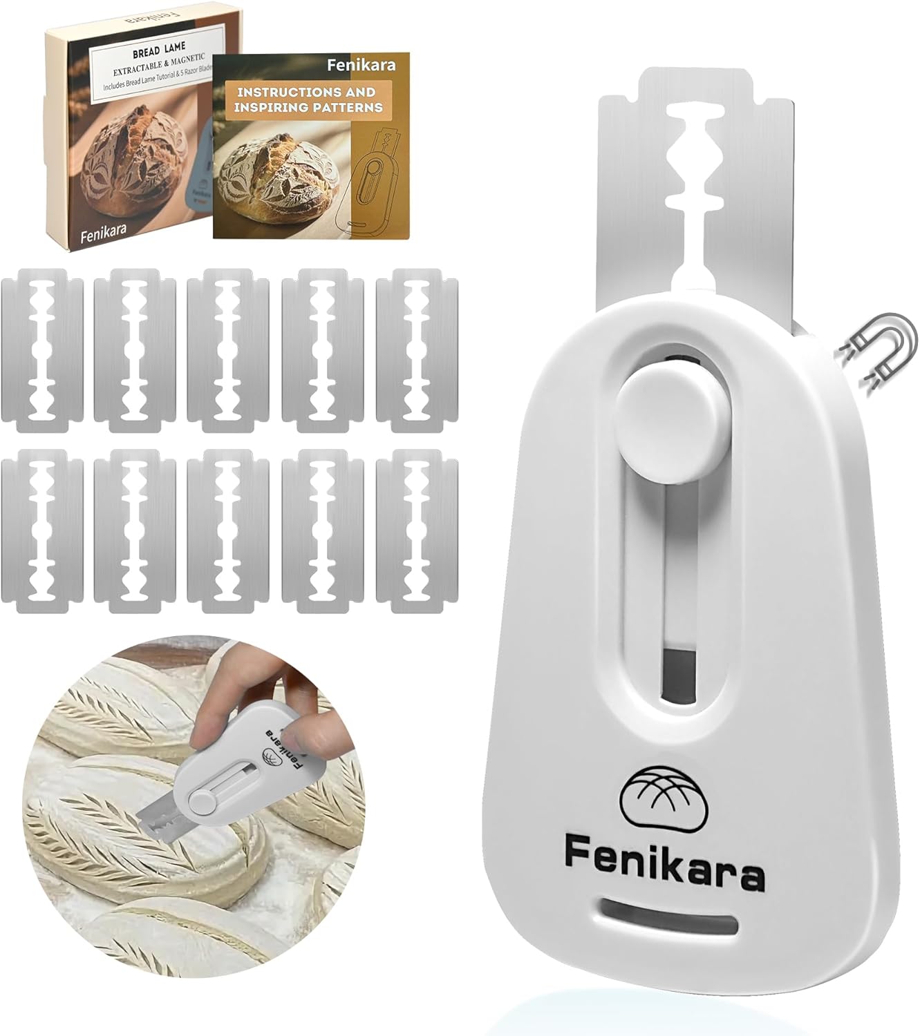 Premium Magnetic Bread Lame & Versatile Bread Scoring Tool - Professional Sourdough Scoring Tool and Lame Bread Tool with 10 Razor Blades & Scoring Patterns Booklet (light gray)