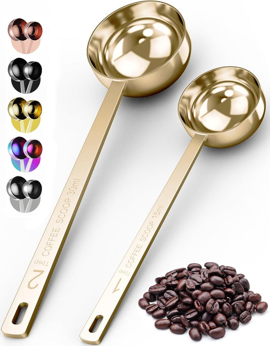 Orblue Premium Coffee Scoop Set - 1 Tbsp (15ml) & 2 Tbsp (30ml) Measuring Tablespoon - Stainless Steel Coffee Measuring Spoon and Scooper with Long Handles - Pack of 2, Light Gold