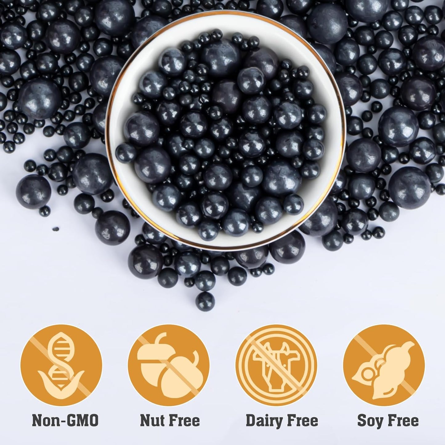 Twisweet Black Pearl Sprinkles for Cake Decorating, Edible Sugar Pearls for Baking, Mix Size, Cake Topper Cupcake Cookie Ice Cream Dessert Decorations, Halloween Birthday Christmas Supplies (130g/4.58oz)