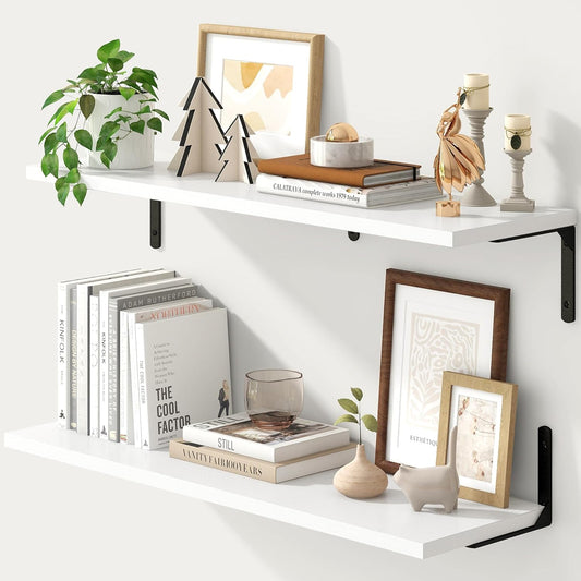 Fun Memories Deep Floating Shelves, 32W x 8D Floating Shelves Set of 2, Wall Mounted Shelf with Metal Brackets, Rustic Wood Wall Shelf for Bathroom, Kitchen and Living Room, White