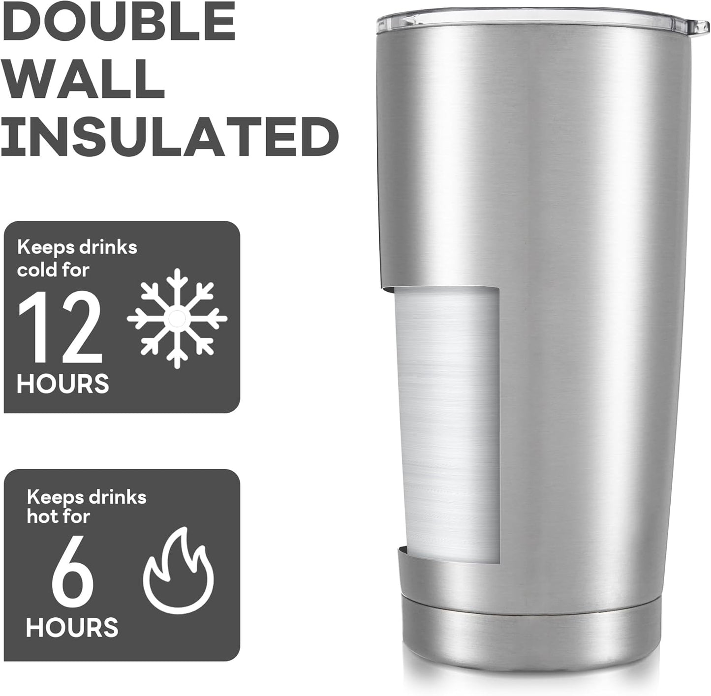 20 oz Tumbler with Lid Stainless Steel Insulated Tumblers Bulk Double Wall Vacuum Cups Powder Coated Travel Mug Keep Drink Cold and Hot, Stainless Steel, 8 Pack