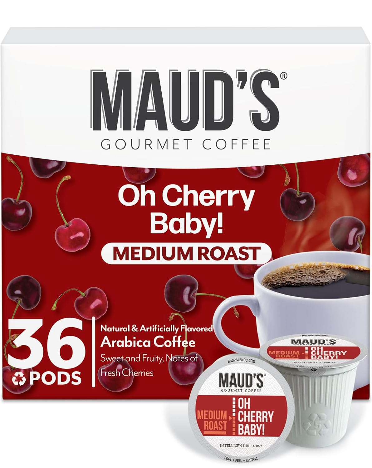 Maud's Cherry Flavored Coffee Pods, 36 ct, Medium Roast Flavored Coffee in Recyclable Single Serve Pods – 100% Arabica Beans, Compatible with Keurig K Cups Maker