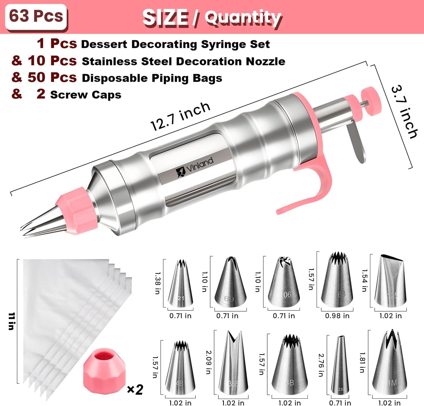 Dessert Decorating Syringe Set Icing Piping Kit Frosting Piping Kit Stainless Steels Cake Decorating Kit with 10 food grade stainless steel piping tips & 50 Disposable Piping Bags, Pink