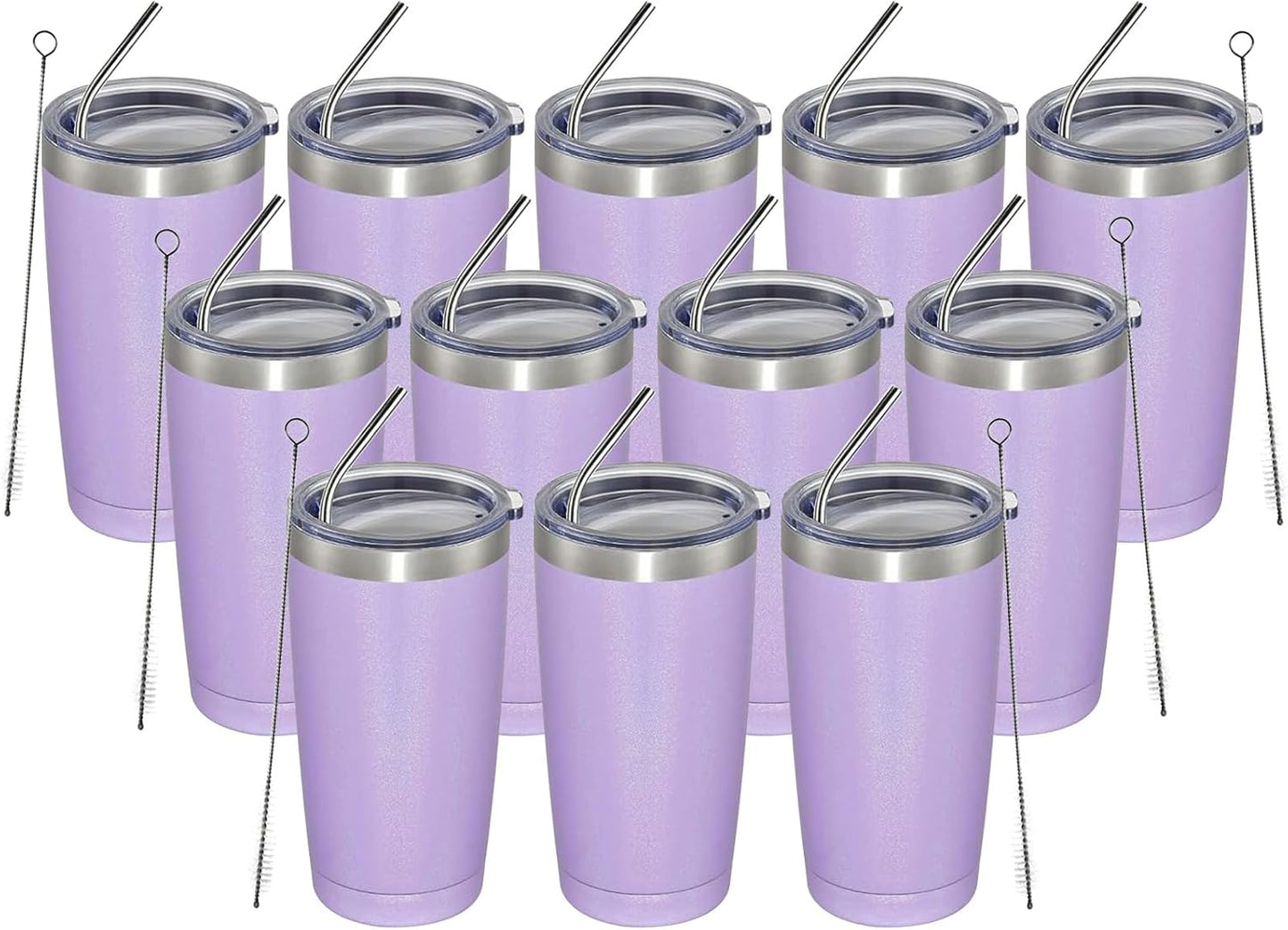 MEWAY 20oz Tumbler 12 Pack Double Wall Vacuum Insulated Travel Glitter Mug Bulk, Stainless Steel Tumblers with Lid and Straw, Powder Coated Coffee Cups for Woman(Rainbow Purple,Set of 12)