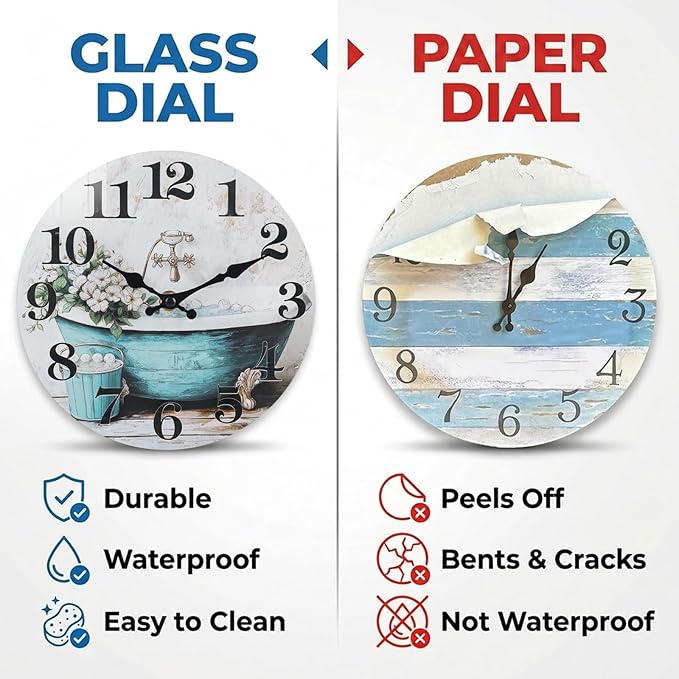 Decorative Bathroom Wall Clock, Rustic Style Waterproof Glass Wall Clock - Image 2