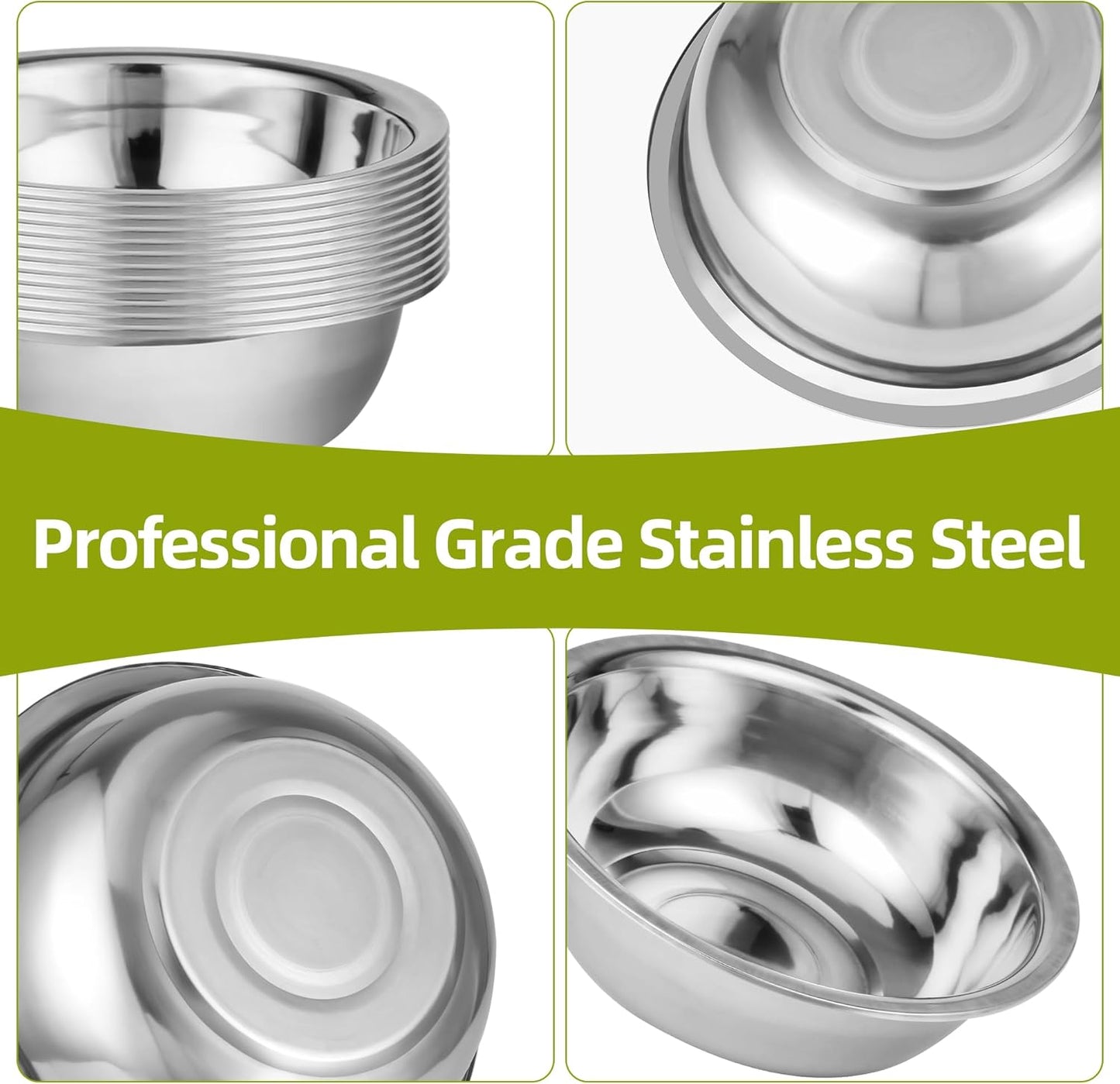 12 Pack 10.24 x 2.76 Inch Stainless Steel Mixing Bowls for Bulk Food Prep with Nesting Design for Hotel Restaurant and Home Kitchen Cooking in Silver