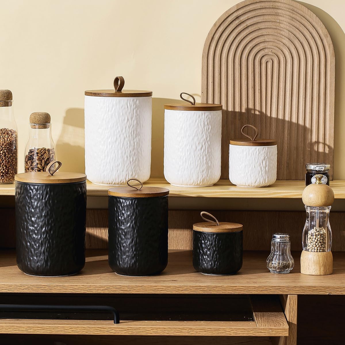 Black White Ceramic Coffee Canister Tea Canister with Seal Wood Lid, Airtight Coffee Storage Container for Coffee Bean, Ground Coffee, Sugar, Cookie Candy jar (White, 1300ml)