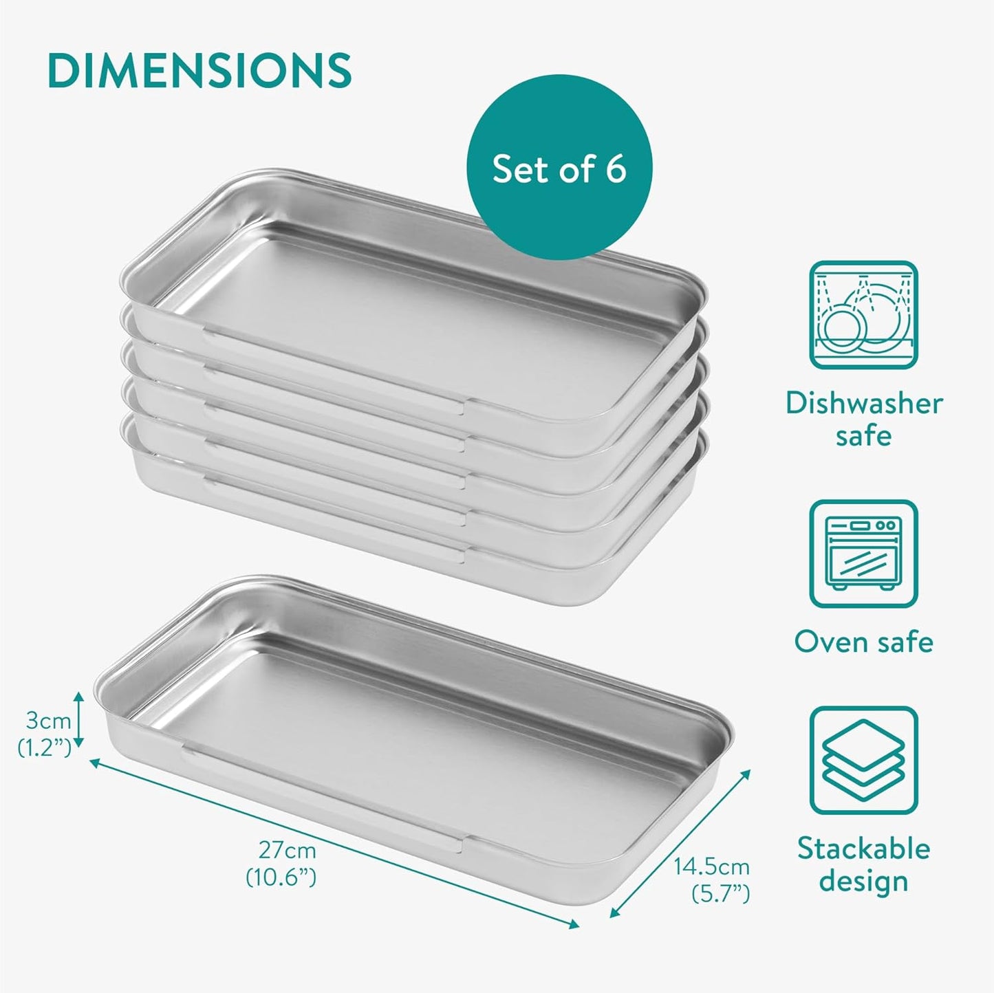 Navaris Stainless Steel Breading Trays, Set of 6 - Interlocking & Stackable Tray Design - 27x15cm Baking and Cooking Sheets - Oven and Dishwasher Ready for Versatile Kitchen Use