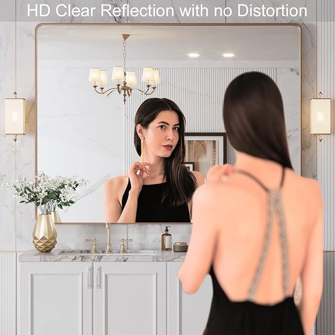 LOAAO 48”X36” Gold Bathroom Mirror, Rounded Rectangle Gold Frame Mirror - Image 2
