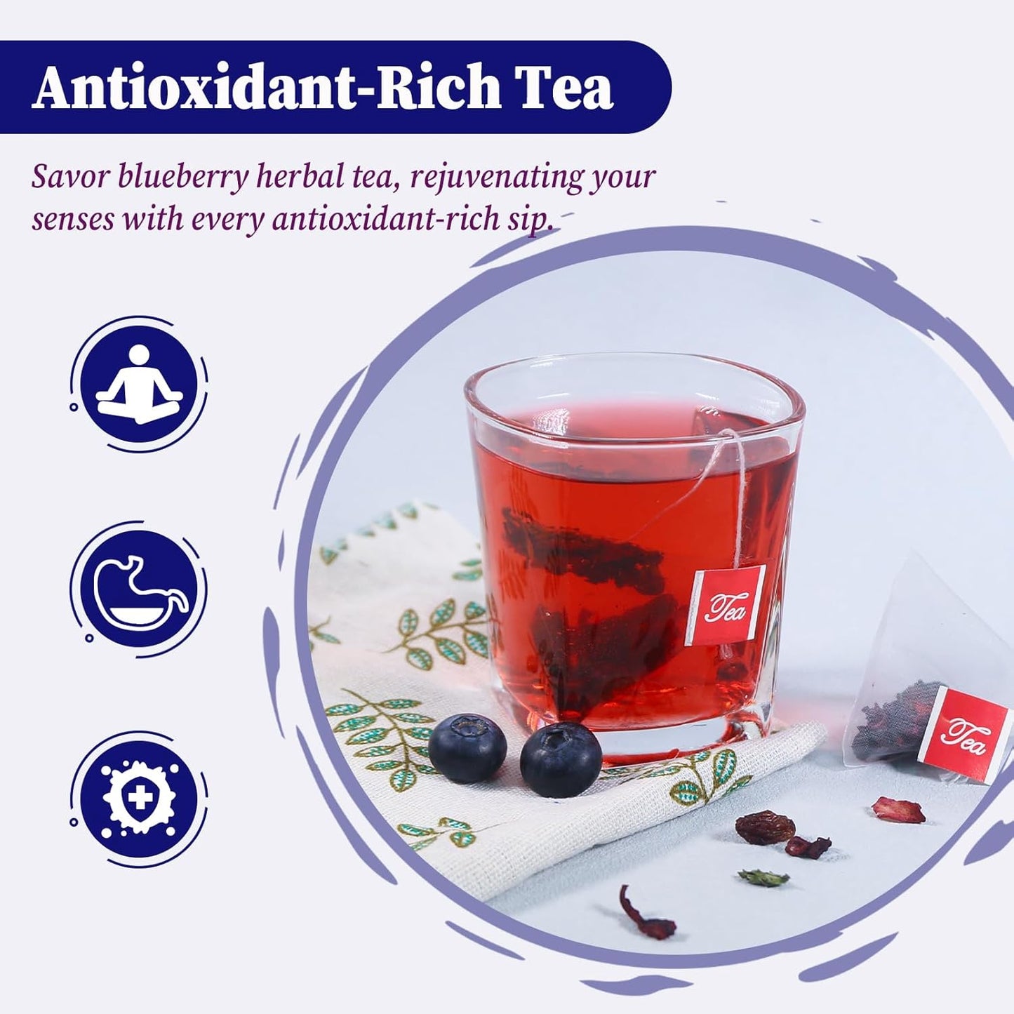FullChea - Blueberry Tea Bags, 50 Teabags - Premium Blueberry Blend Herbal Tea - Harmonious Mix of Blueberries, Hibiscus, Raisins, Mint Leaves - Rich in Natural Goodness, Delightful Taste