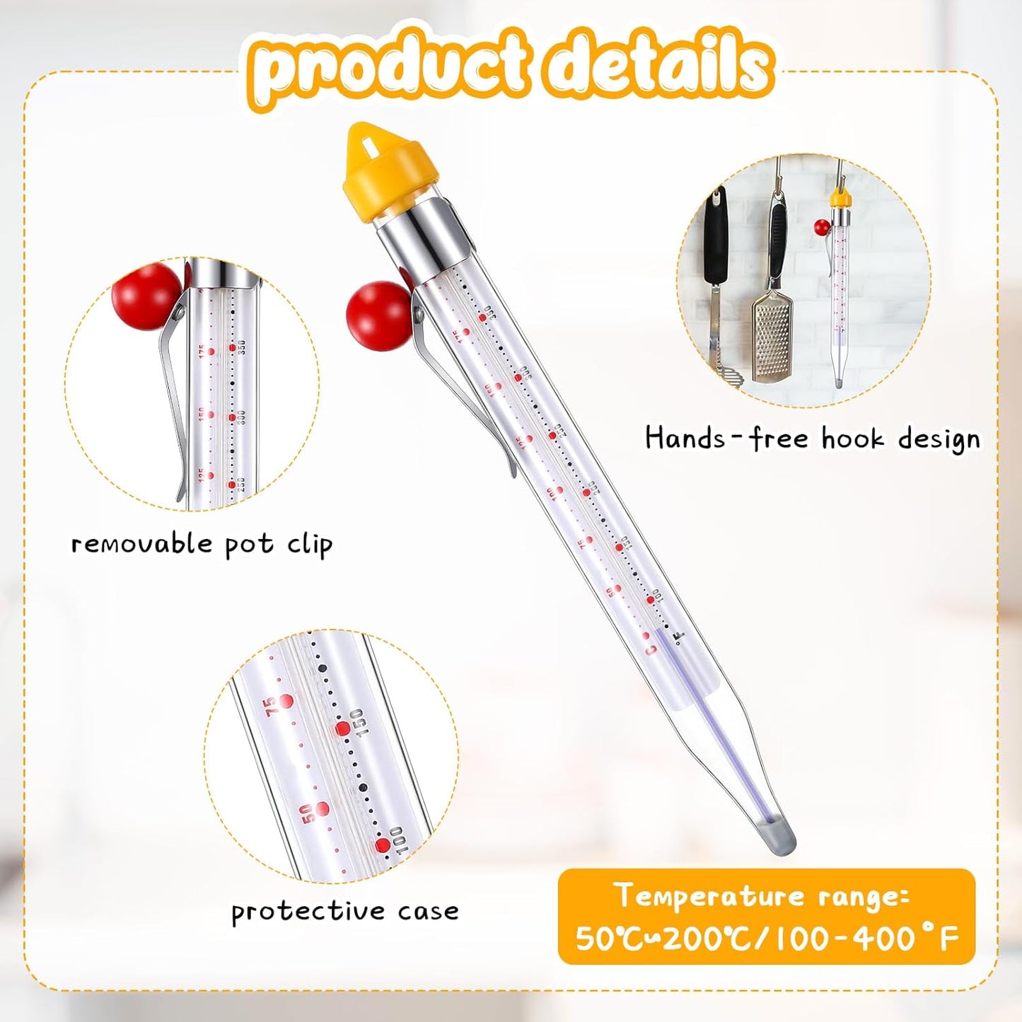 Photect 1 Pcs Candy Thermometer with Pot Clip 8" Deep Fry Oil Thermometer Instant Read Cooking Food Thermometers Sugar Syrup Jam Jelly Oil Candy Temperature Kitchen Accessories for Home Cooking