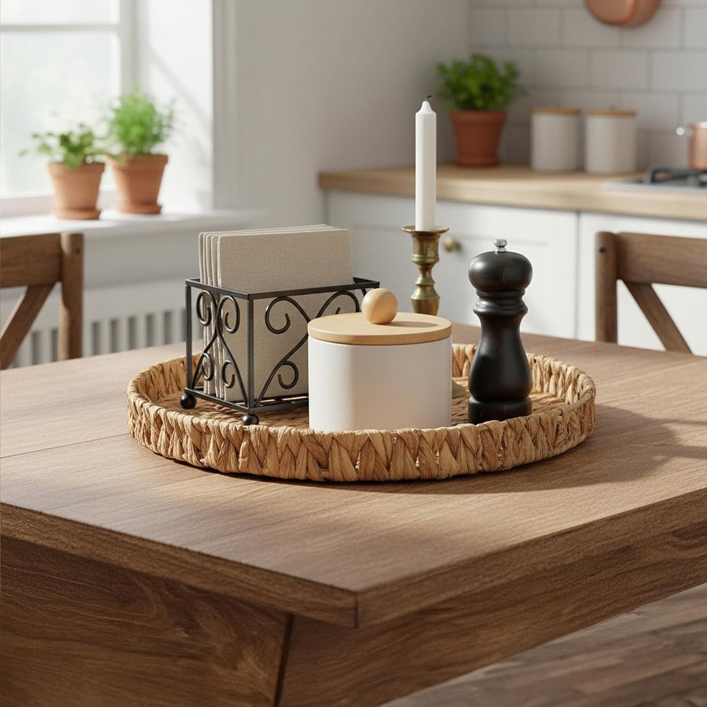 Round Ottoman Tray Large Wicker Serving Tray with Handles for Coffee Table, 16 Inch Handwoven Natural Water Hyacinth Tray