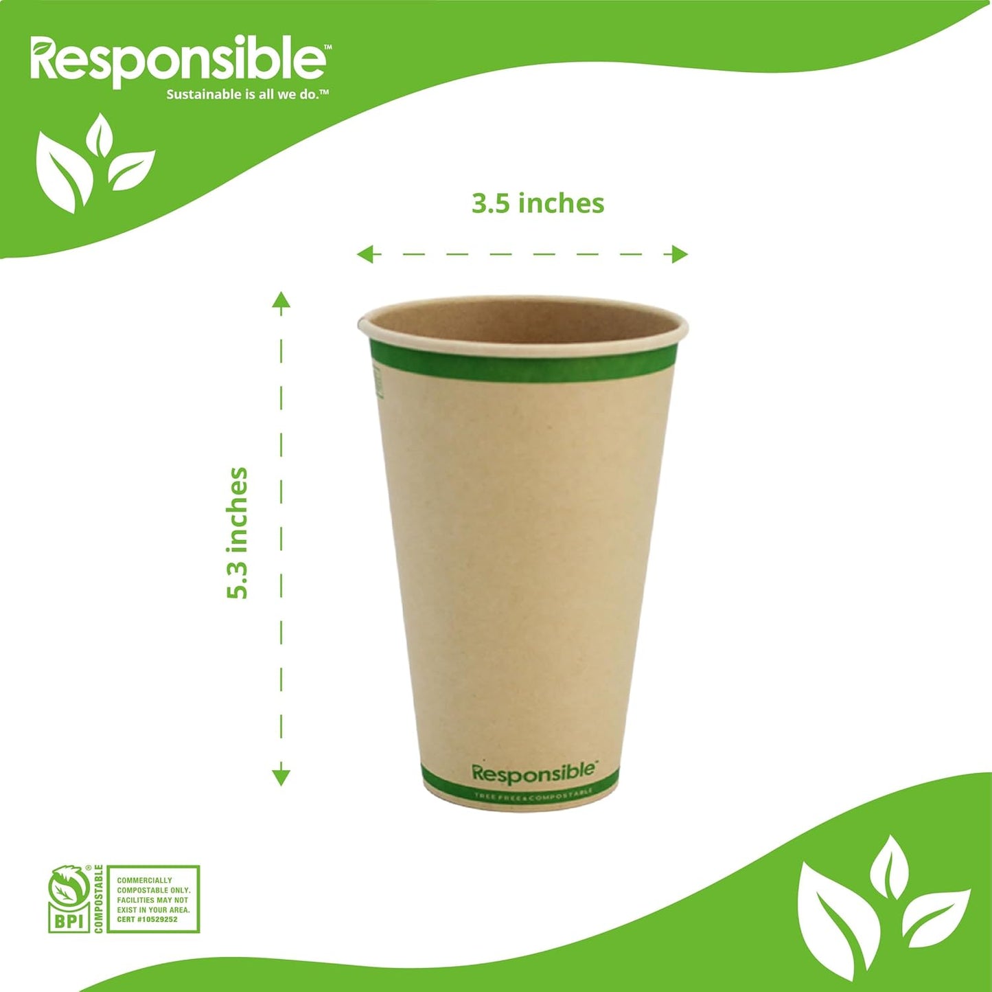 16 oz Paper Hot Cups, Tree-Less™ Compostable Paper Coffee Cups, Extra Strength, Tree-Free and Made Without PFAS, Natural Brown (1000 Count)