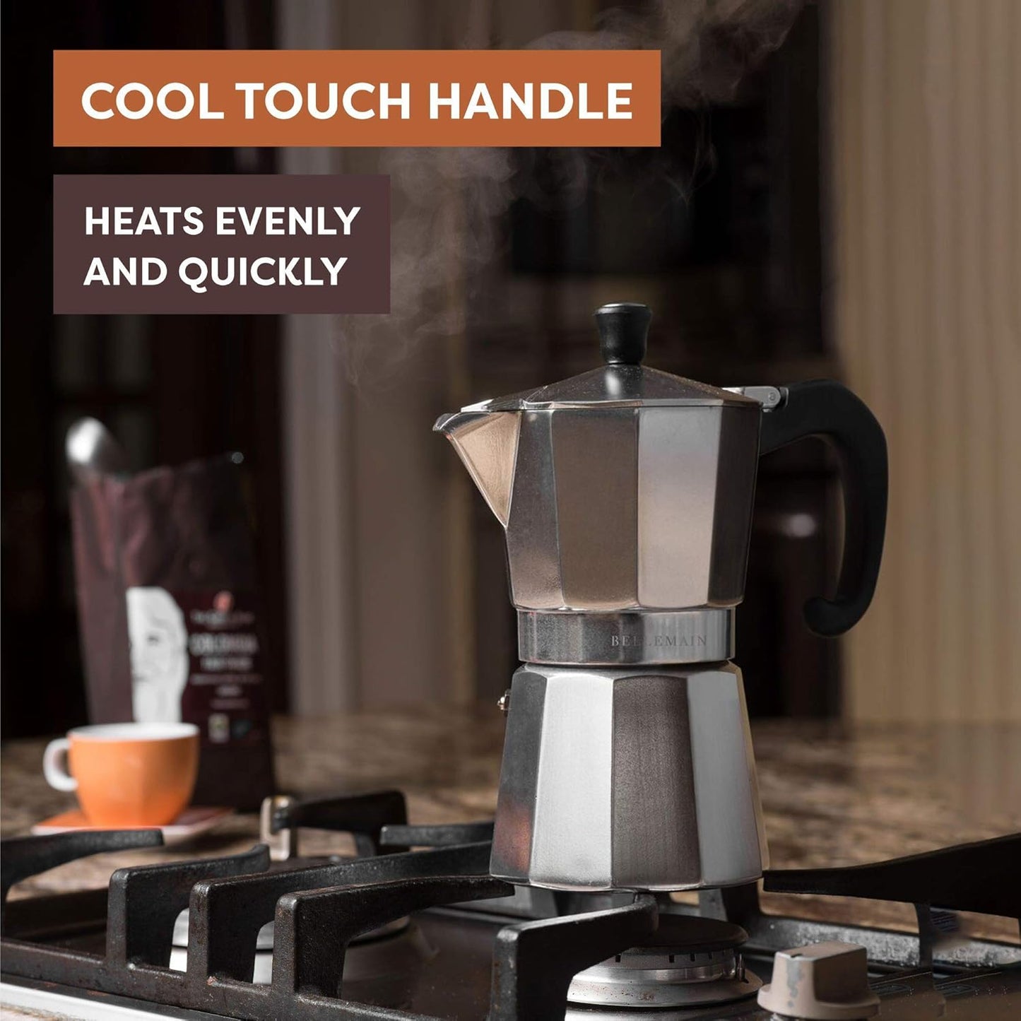 Bellemain Stovetop Espresso Maker | Italian Moka Pot Espresso Maker, Classic Aluminum Design Mocha Pot for Home Brewing & Camping | Easy to Use & Clean - 3-Cup, Silver