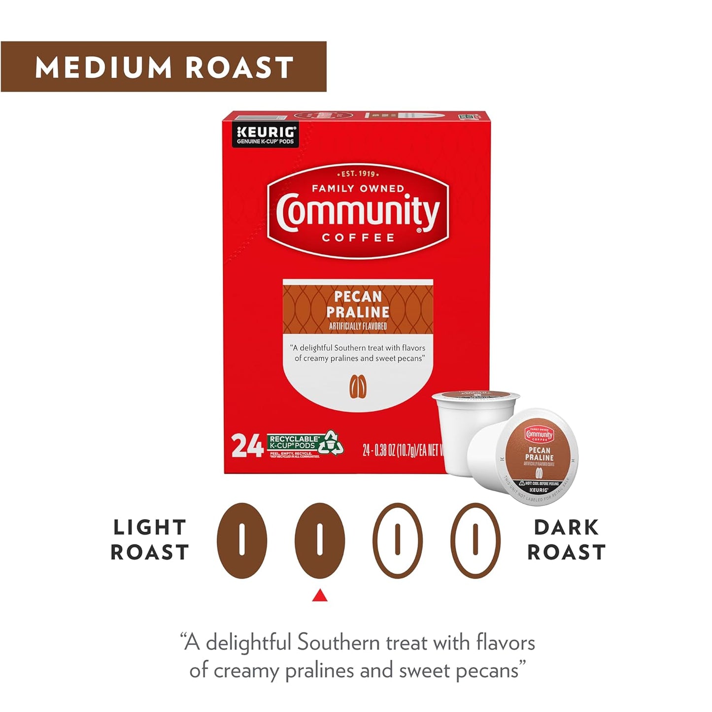 Community Coffee Pecan Praline Flavored 72 Count Coffee Pods, Medium Roast, Compatible with Keurig 2.0 K-Cup Brewers, 12 Count (Pack of 6)